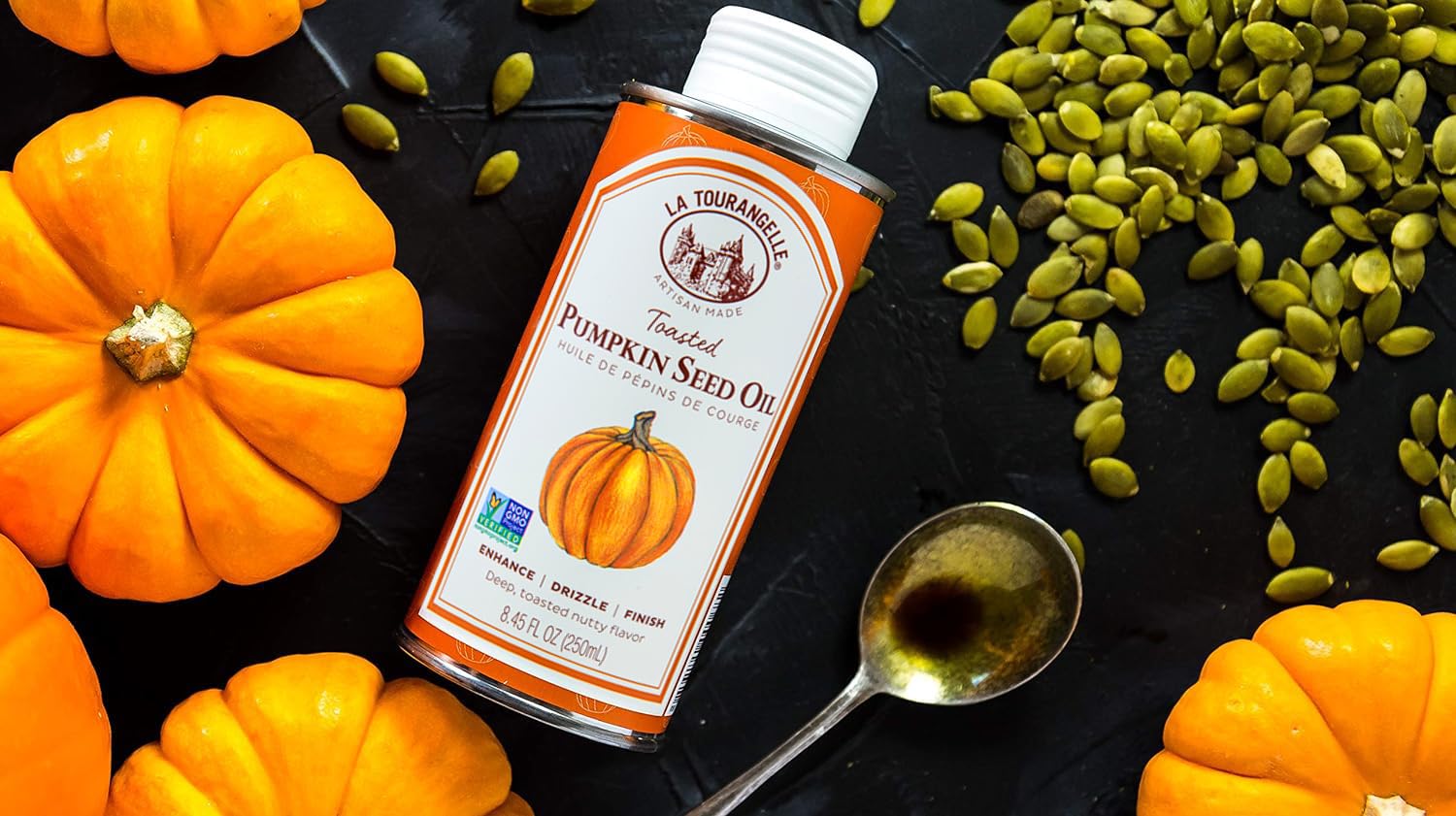 La Tourangelle Toasted Pumpkin Seed Oil, for Cooking, Dressings, 8.45 fl oz | Made Using Traditional Styrian Techniques, Great for Pastas and Spreads, Health and Beauty Oil, Gluten Free, Non-GMO