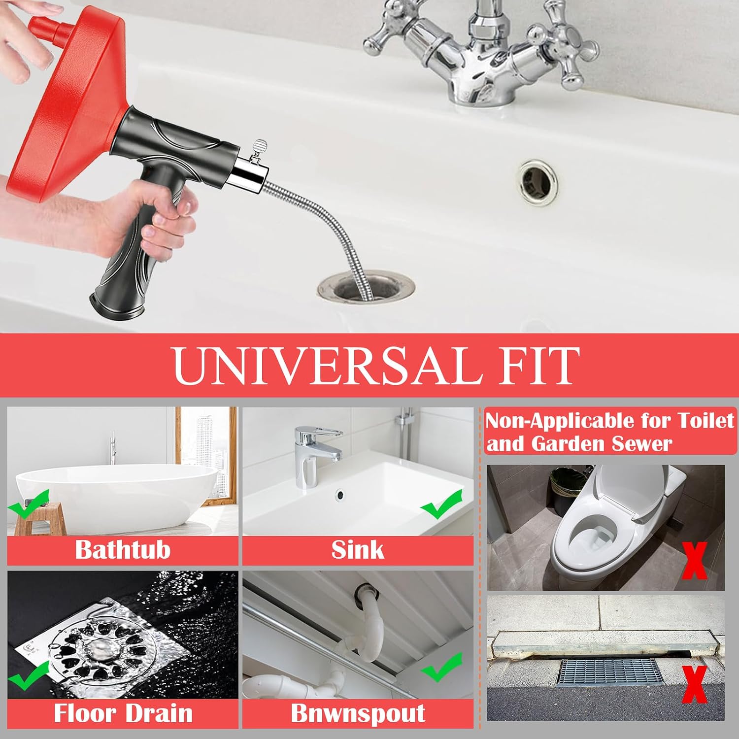 Drain Snake Auger 33 Ft, Plumbing Snake Drain Hair Clog Removal Tool, Heavy Duty Snake Auger