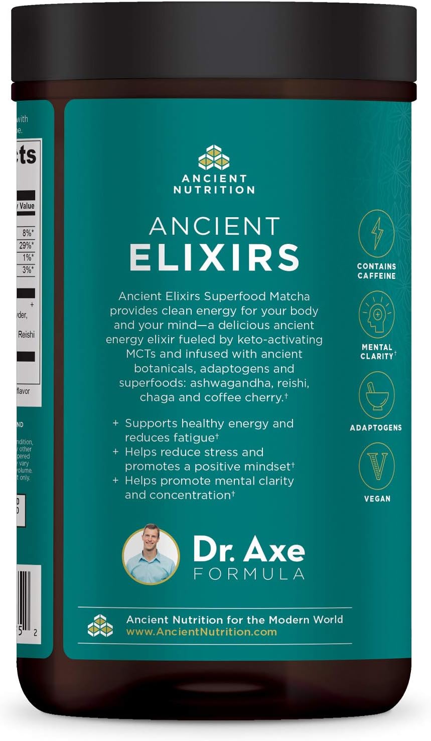 Matcha Green Tea Powder with Ashwagandha by Ancient Nutrition, Ancient Elixirs Superfood Matcha Energy Powder, with MCTs