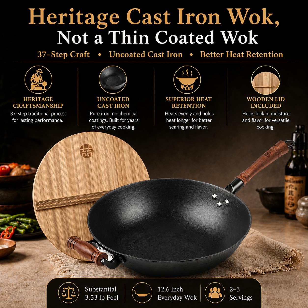 WANGYUANJI 12.6 Inch Cast Iron Wok with Wooden Lid, Handcrafted Flat Bottom Chinese Stir Fry Pan, Uncoated Heavy-Duty Iron Wok for Induction, Gas