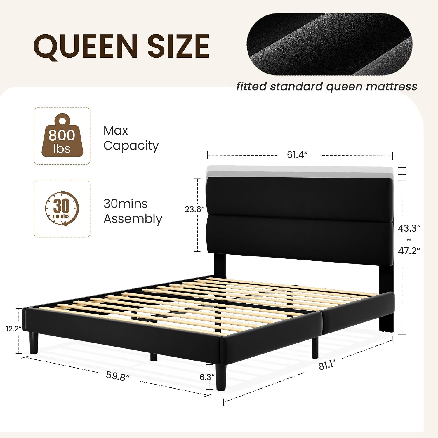 GRUSIGN Queen Size Platform Bed Frame with Velvet Headboard, Adjustable Height Wooden Slats Support, Upholstered Mattress Foundation, Fits Mattress or Mattress with Box Spring, Easy Assembly, Beige