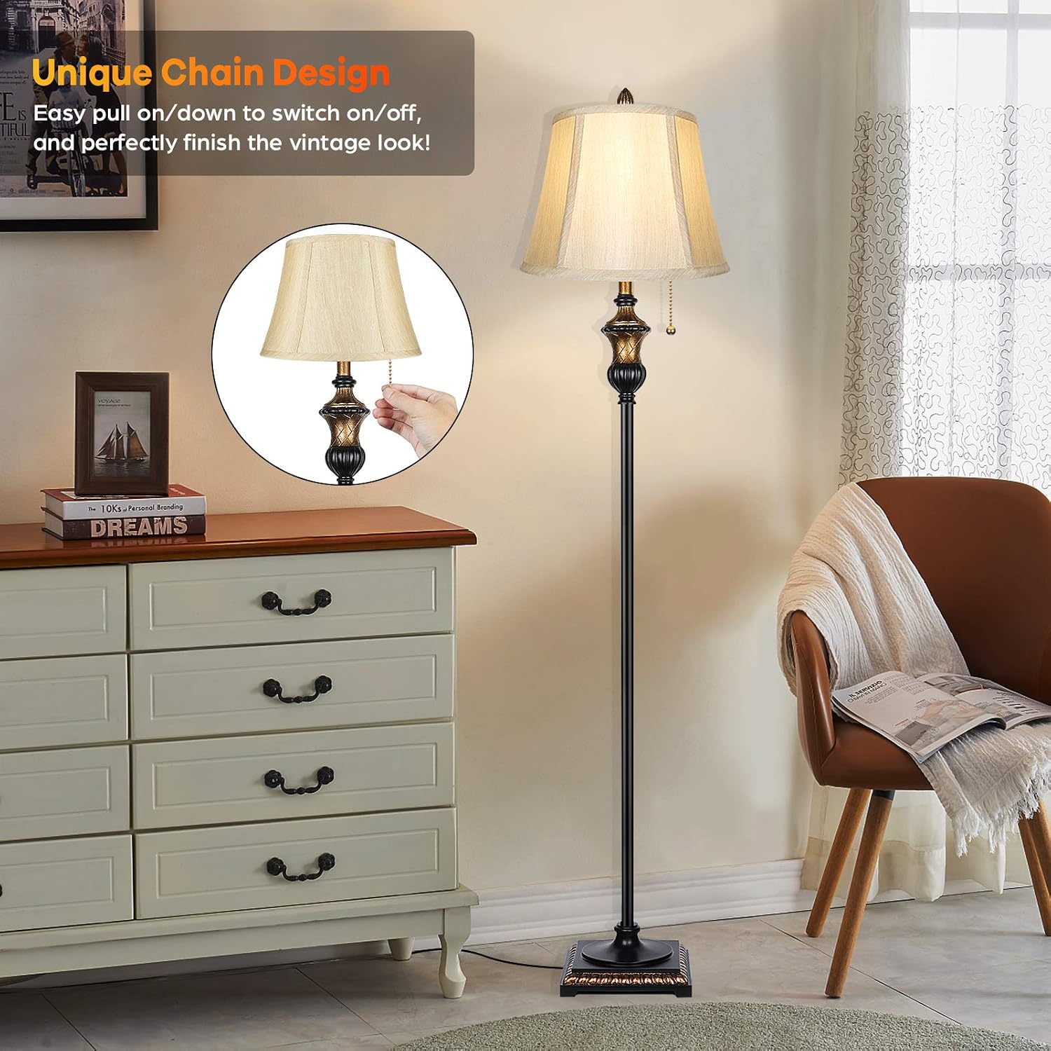 TOBUSA Traditional Floor Lamp, Standing Lamp with Bronze Fabric Shade
