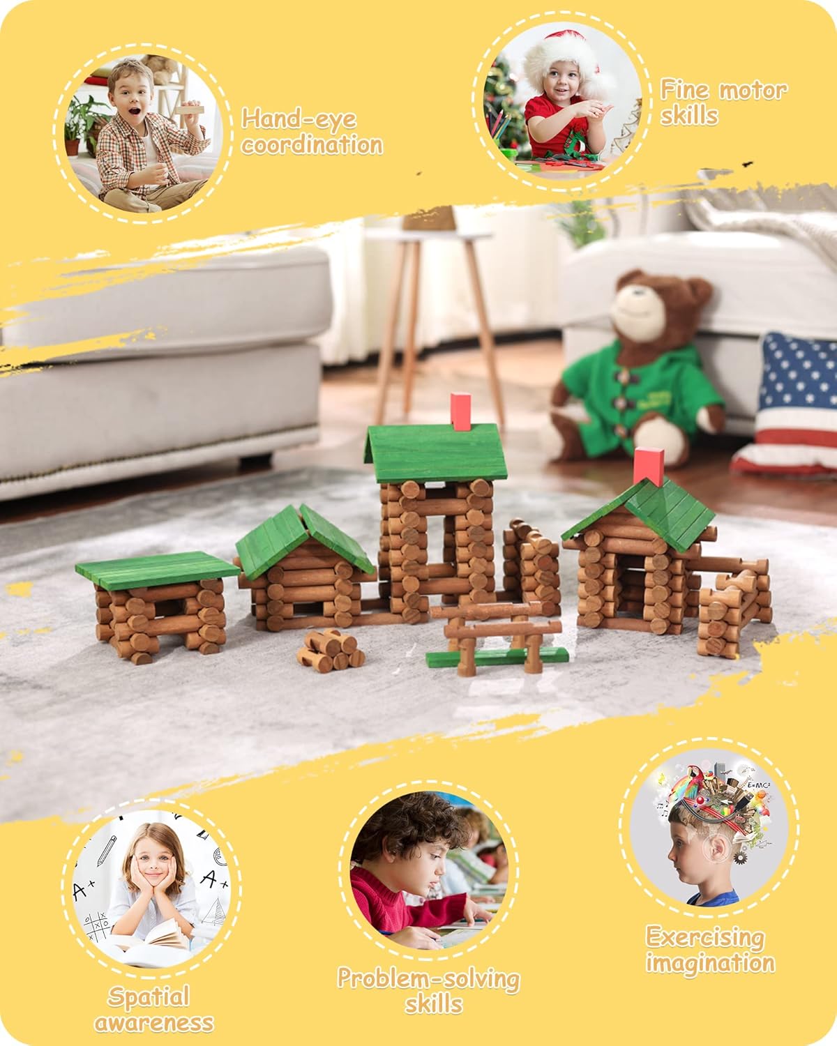 SainSmart Jr. 450 PCS Wooden Log Cabin Set Building House Toy for Toddlers, Classic STEM Construction Kit with Colorful Wood Logs Blocks for 3+ Years Old