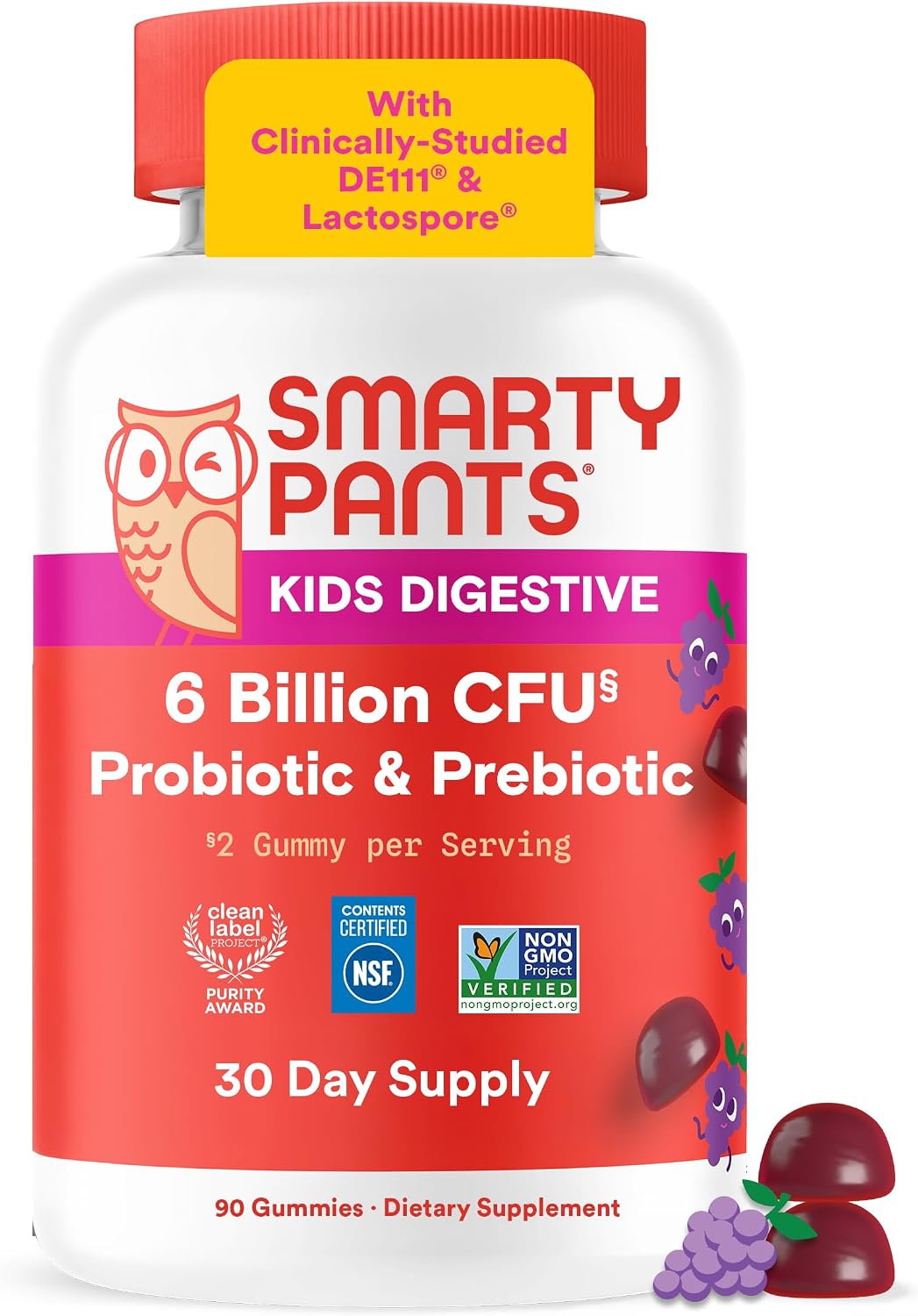 SmartyPants Kids Probiotic & Prebiotic Gummies for Digestive Health: Gut Health Supplement, Clinically Studied Prebiotic for Immune Support, Strawberry, 60 Count (30 Day Supply)