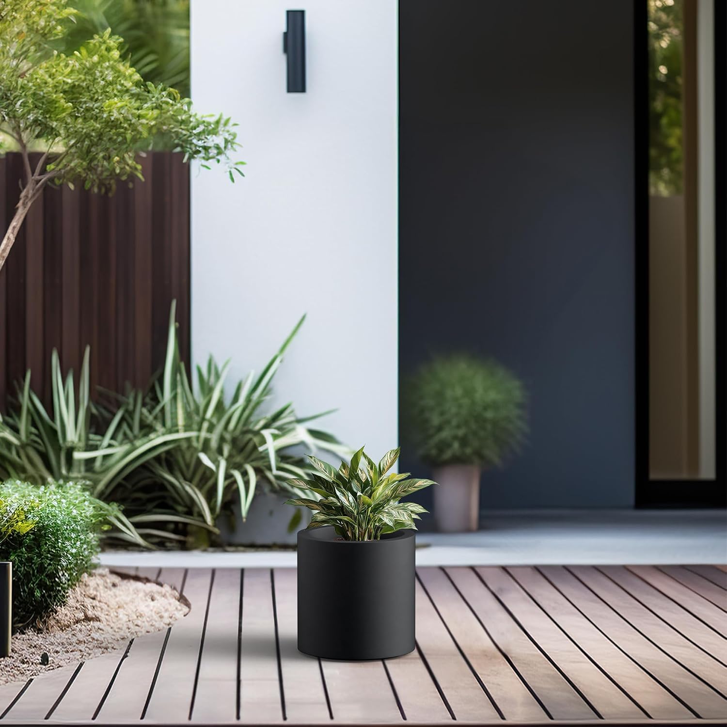 Kante Large Round Cylinder Charcoal Concrete Planter 15.8" Tall, Outdoor