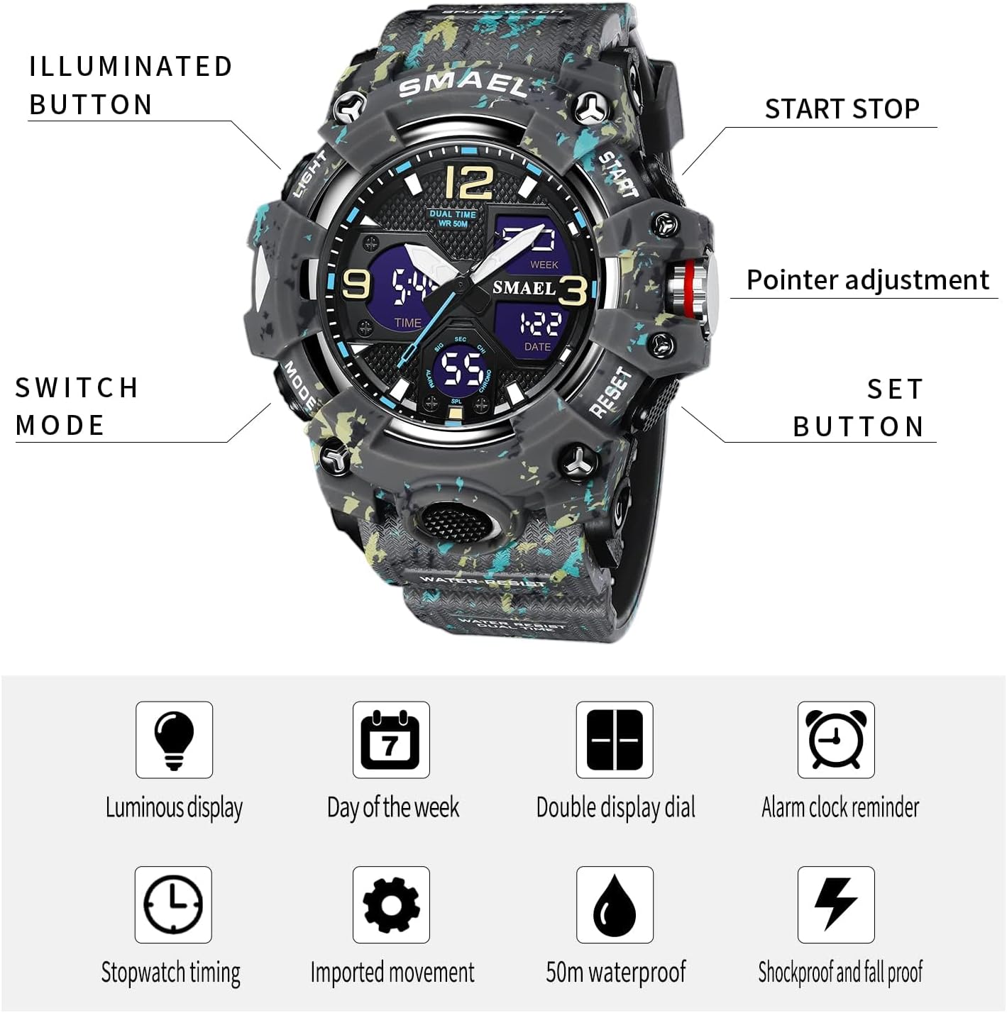 Gosasa Men's Large Face Outdoor Sports Watches Military S-Shock Watch Waterproof, Backlight, Alarm, Stopwatch Features - Rugged Wristwatch for Training, Hiking, and Adventure