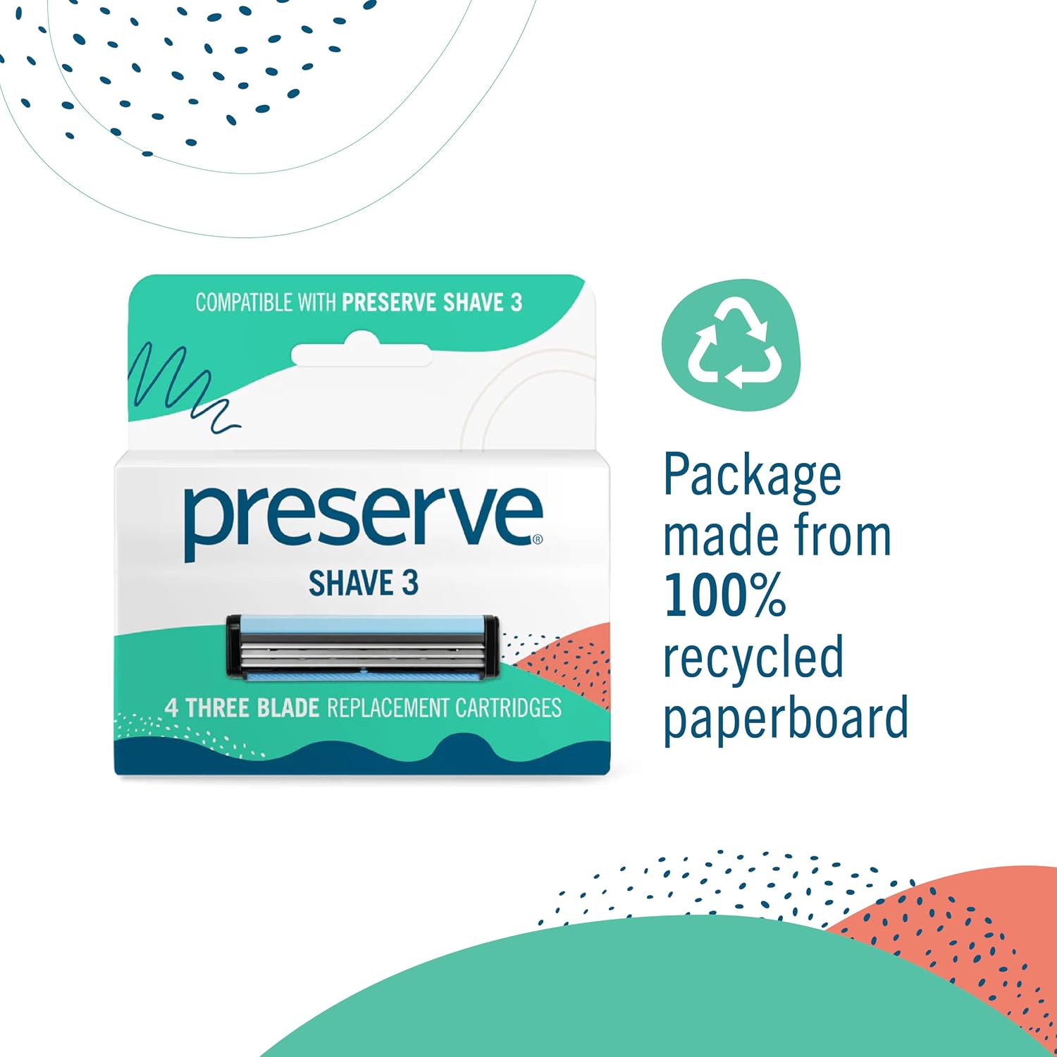 Preserve Shave 3 Razor Blade Refills, Titanium-Coated, Vitamin E, Aloe, 4ct | Unisex Refills for Face & Body; Fits Shave 3 & Triple Razor Handles; Eco-Friendly Paperboard; Cruelty-Free