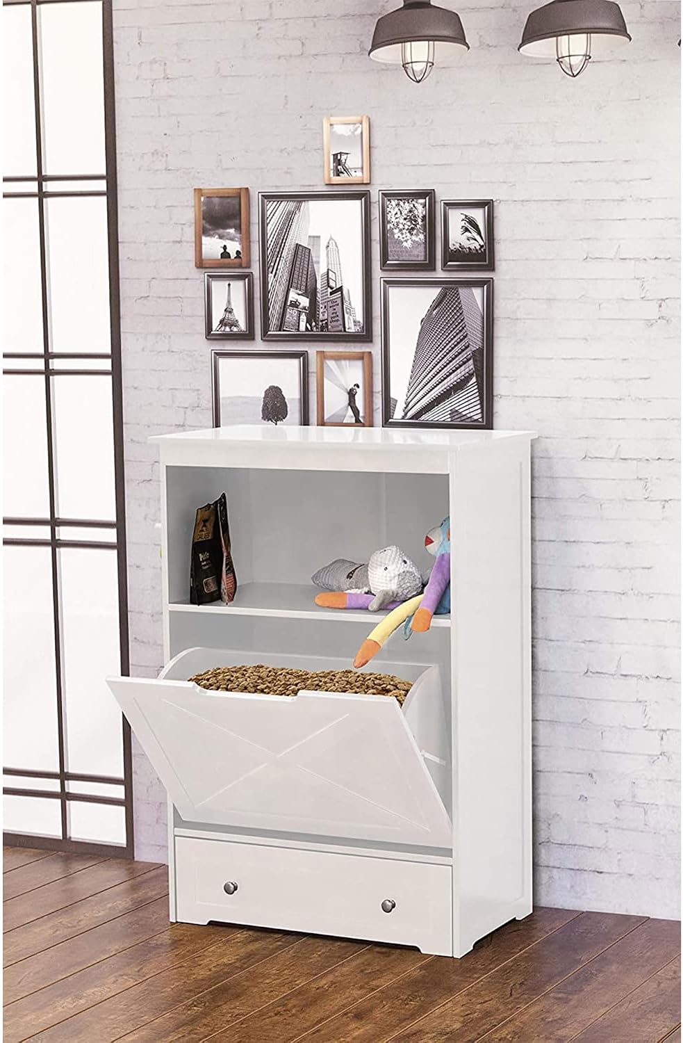 Windsor Pet Feeders with storage - dog bowl stand, pet feeder station, White 13.78?D x 24.02?W x 35.04?H
