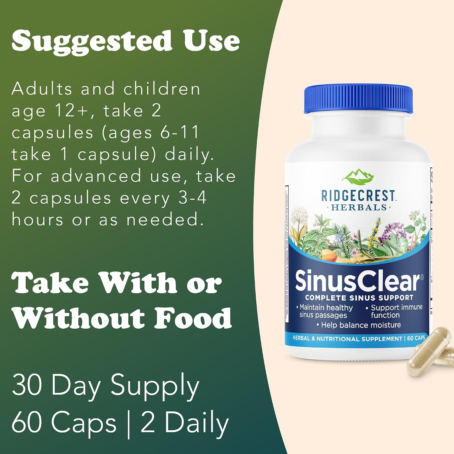 RidgeCrest Herbals SinusClear Mullein Sinus, Nasal and Immune Support 60 Ct | 30 Servings, Mullein Leaf, Bromelain, Vitamin C, Zinc