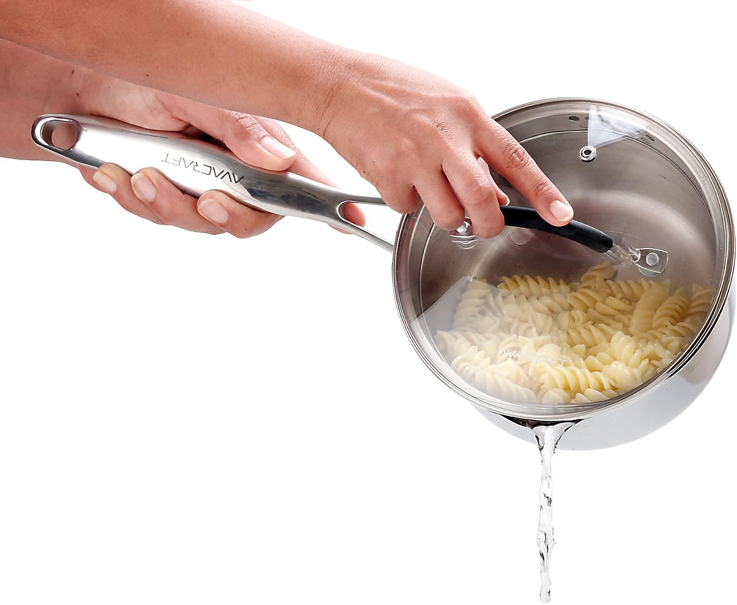 AVACRAFT 2.5 Quart Stainless Steel Saucepan with Glass Strainer Lid | 18/10 Stainless Steel, 5-Ply Capsule Base, Dual Pour Spouts, Induction Compatible, Ergonomic Handle, Dishwasher Safe