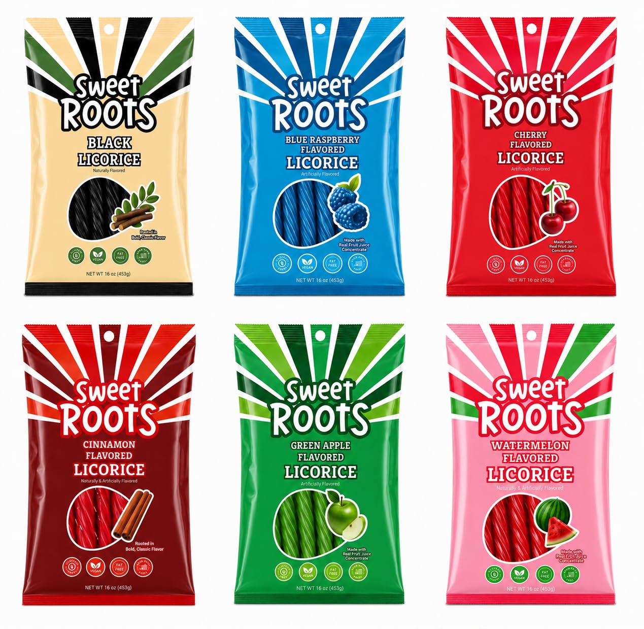 Sweet Roots Black Licorice Twists – 1 Bag (16 oz) – Jumbo Size Candy Sticks | Vegan, Fat Free, Kosher | Soft Gourmet Licorice Candy with Classic Black Licorice Flavor