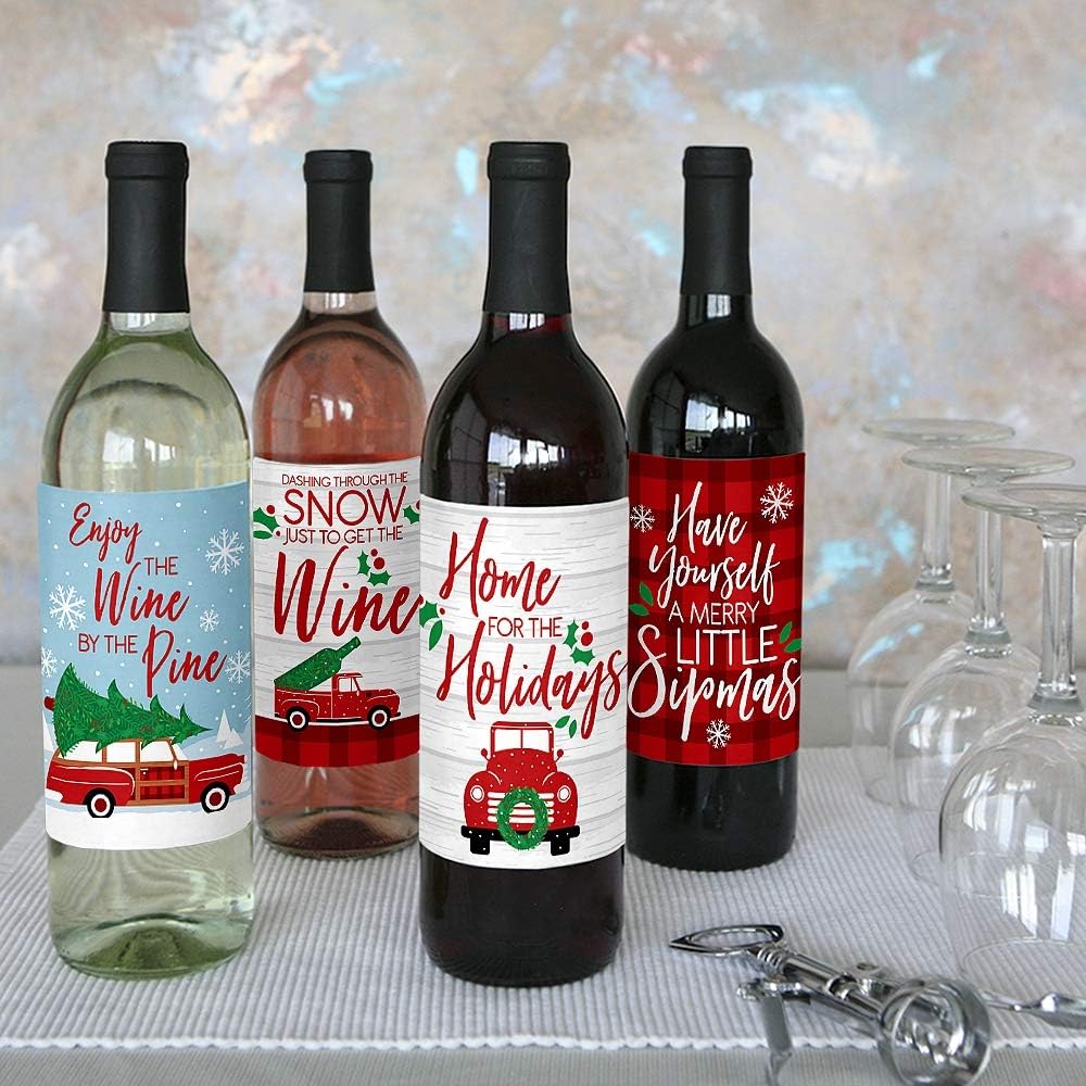 Big Dot of Happiness Ugly Sweater - Holiday and Christmas Wine Bottle Label Stickers - Set of 4