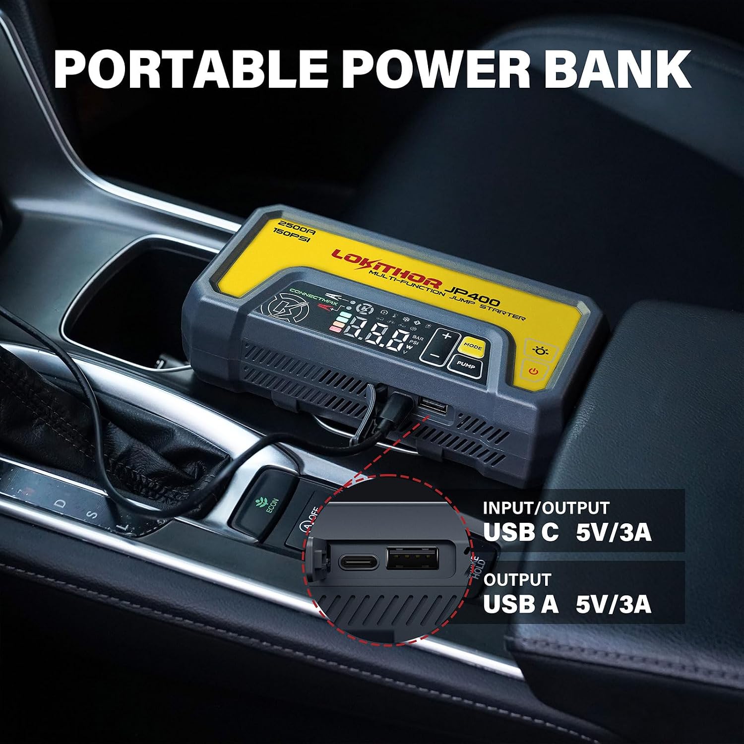 LOKITHOR JP400 Jump Starter with Air Compressor for 8.5L Gas/6.5L Diesel | 2500A 12V Portable Jumper Starter for Car, 150PSI Tire Inflator, 300 Lumen LED Light, Power Bank, ConnectMax, Jumper Cables