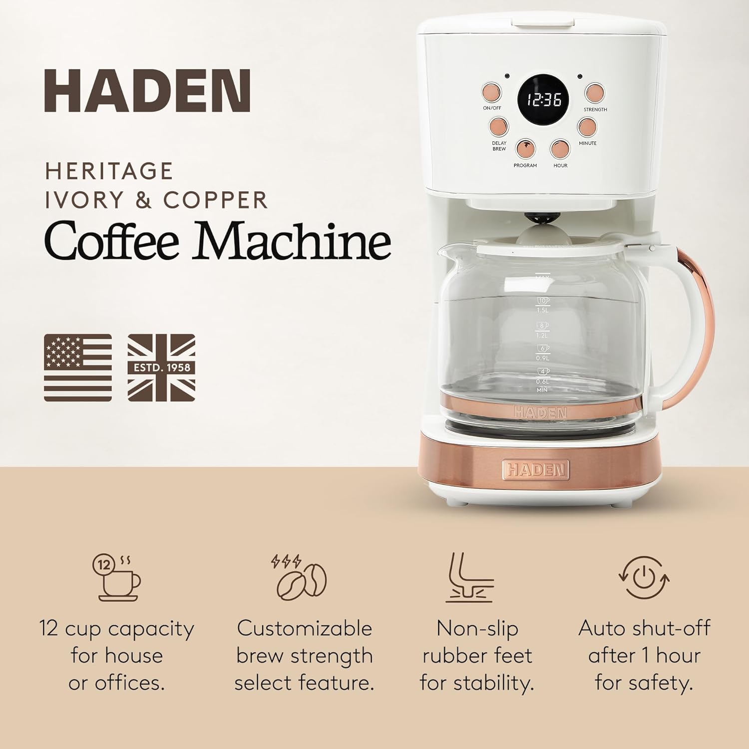 HADEN 12-Cup Programmable Coffee Maker for Home or Office, Putty & Chrome – Drip Brewer Machine with Brew Strength, Delay Brewing