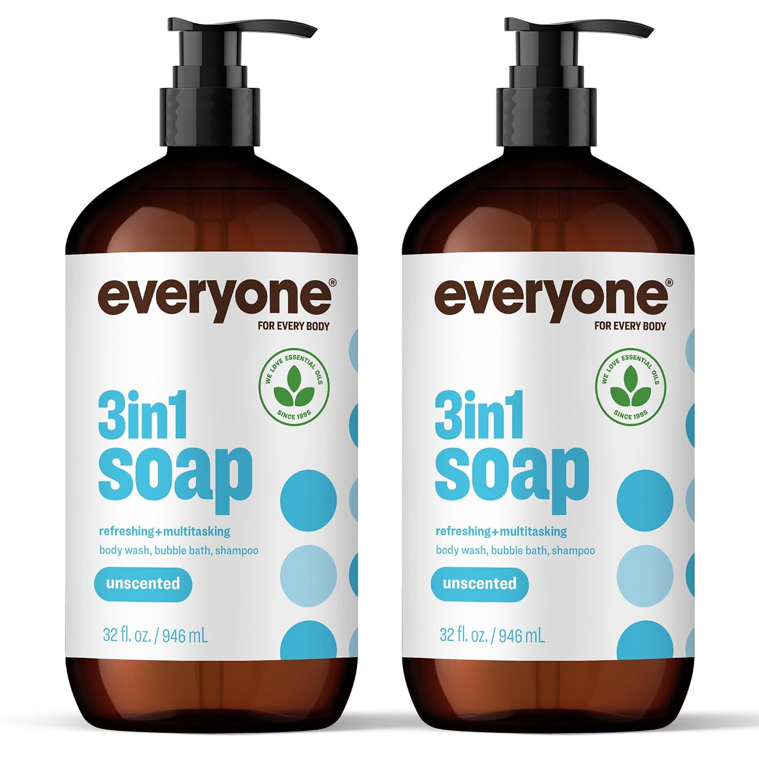 Everyone 3-in-1 Soap Body Wash Bubble Bath Shampoo Coconut Lemon 32oz 2pk | Natural essential oil formula | body wash | shampoo | bubble bath in one | coconut lemon scent | bulk value 2-pack