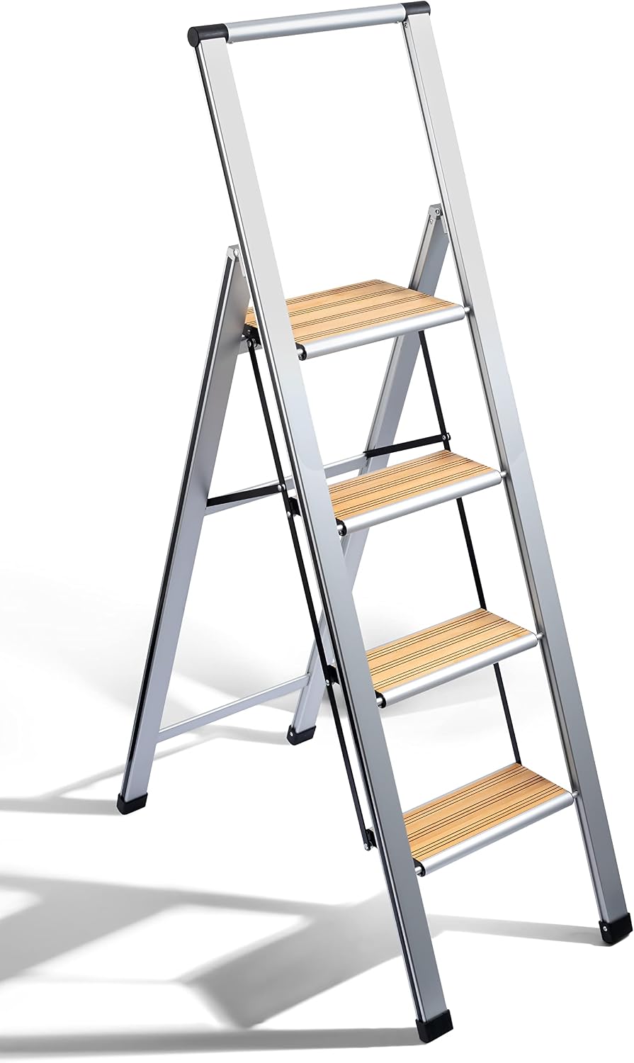Step Ladder 2 Step Folding, Decorative - Beautiful Bamboo & Silver Aluminum, Ultra Slim Profile, Anti Slip Steps, Sturdy-Portable for Home, Office