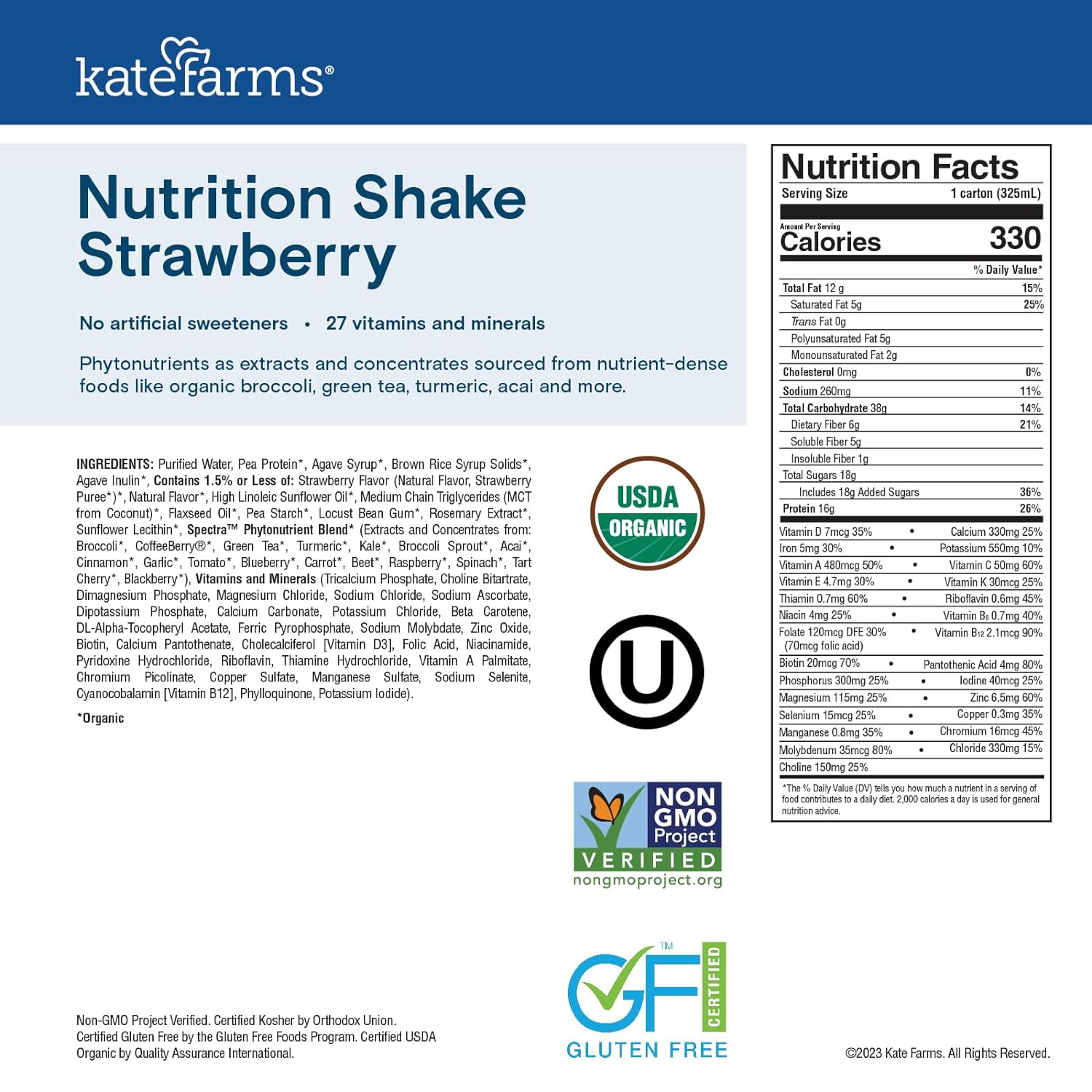 KATE FARMS Organic Nutrition Shake, Chocolate, 16g Protein, 12 Pack