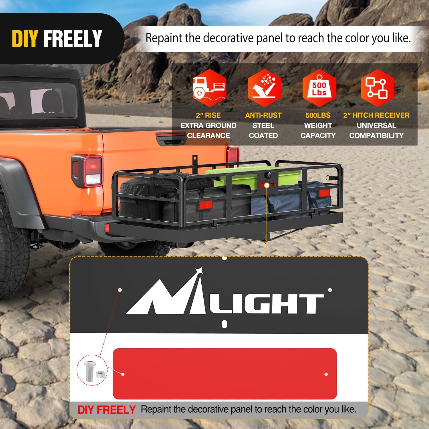 Nilight 32”×26”×4” RV Bumper Mounted Cargo Rack Carrier with Net Fits 4-inch or 4-1/2-inch Bumpers Heavy Duty Luggage Holder Basket for RV Camping Traveling Capacity 350LBS