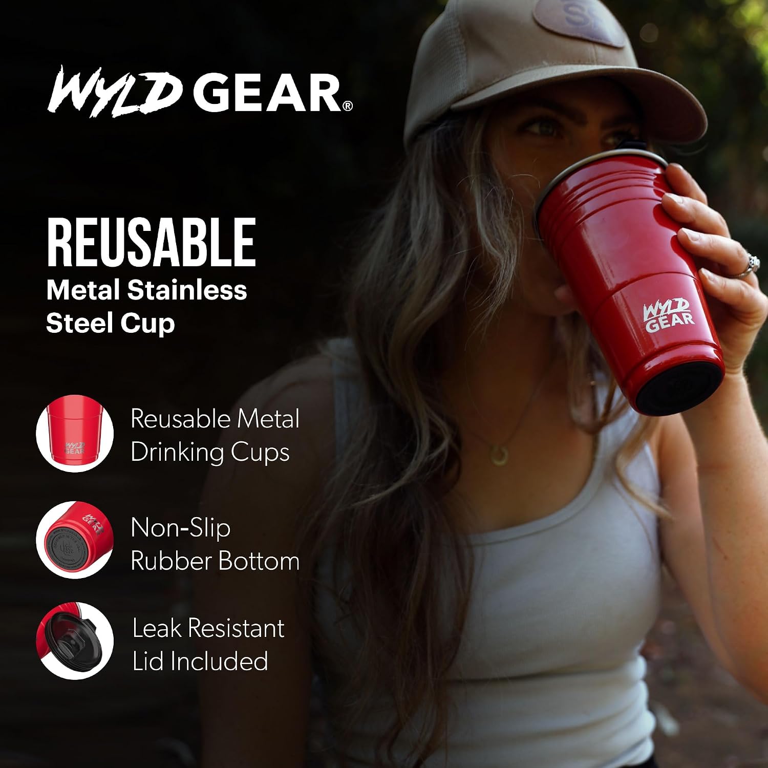 Wyld Gear Party Cup 24oz Red Stainless Steel Reusable Metal Cup with Lid