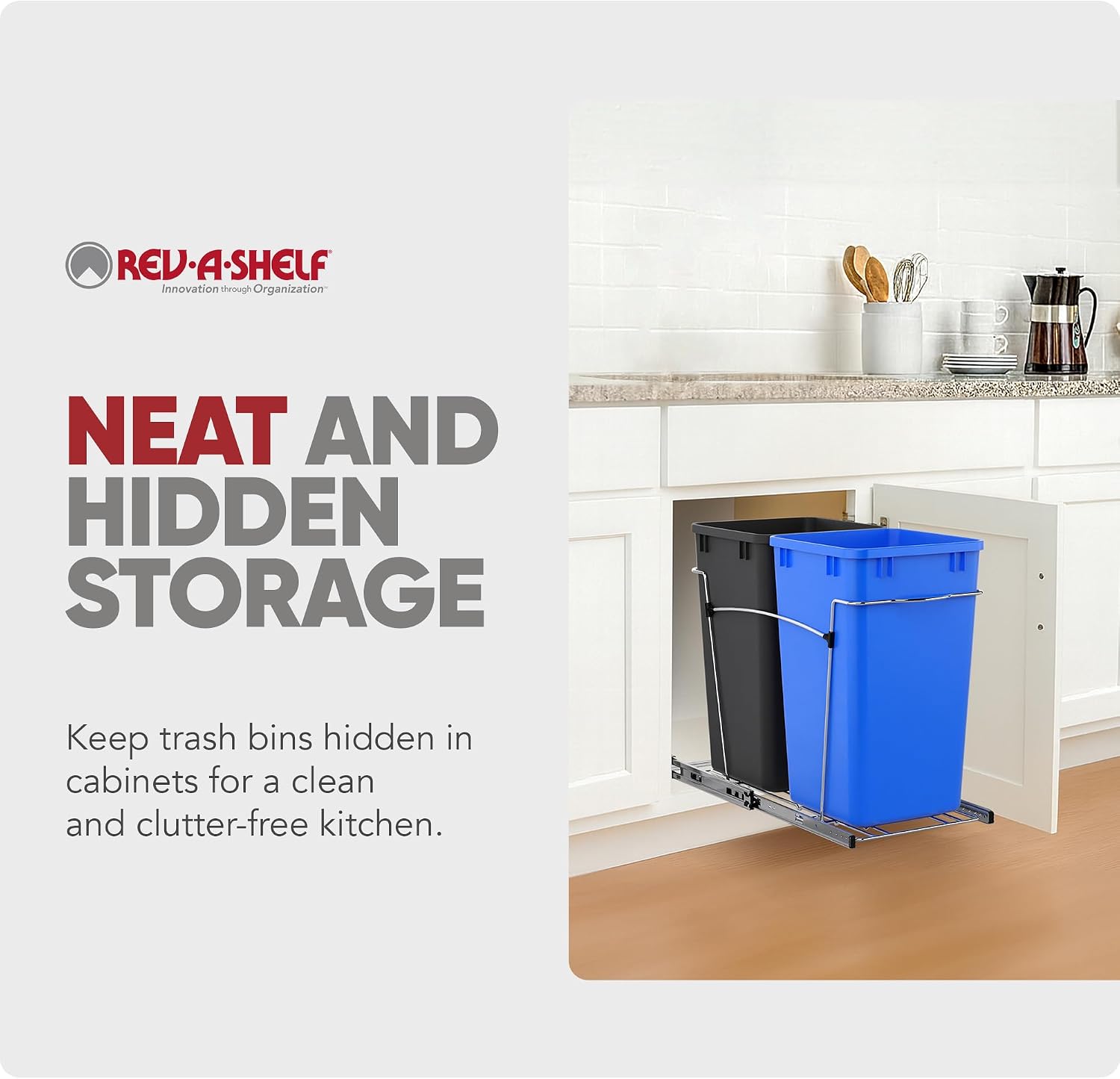 Rev-A-Shelf Double 27 Qt Pullout Trash Can for Base Kitchen Cabinets, Garbage Waste Bin System with Full Extension Slides, Min Opening Width of 11.5", Metallic Silver, RV-15KD-17C S