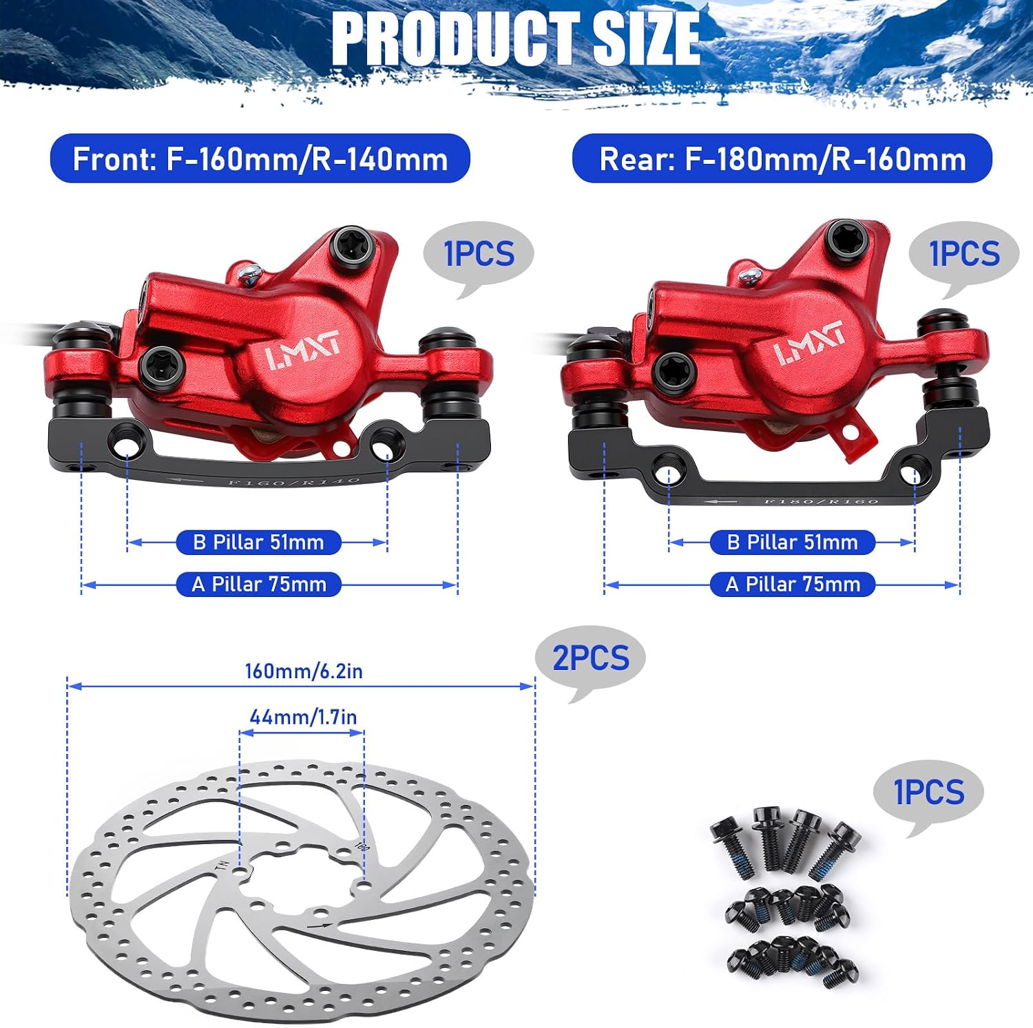 TOBWOLF MTB Cable Disc Brake Kit, Front Rear Calipers with 160mm Rotors