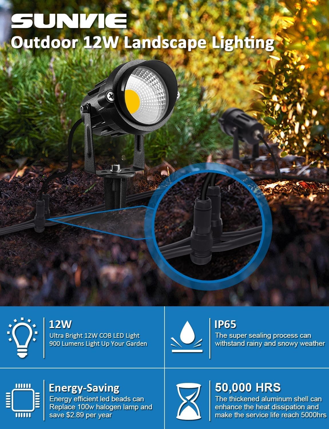 SUNVIE Low Voltage LED Landscape Lights with Spike Stand & Connector 12Pack