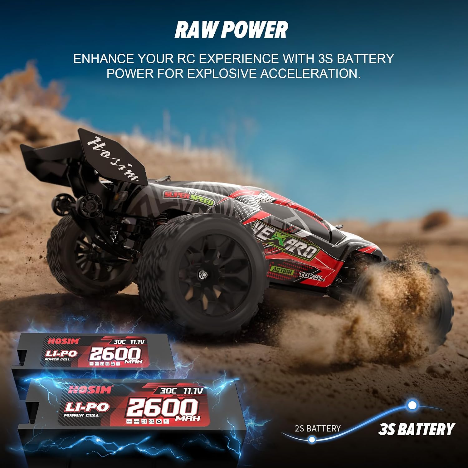 Hosim Mini 1:8 Brushless RC Cars for Adults, VEXARO 50+MPH Fast RC Trucks | 3660 3100KV Brushless Motor & 80A ESC, 2* 2600mAh 3S Lipo, Chrome Steel Central Transmission, All-Metal Oil-filled Shocks
