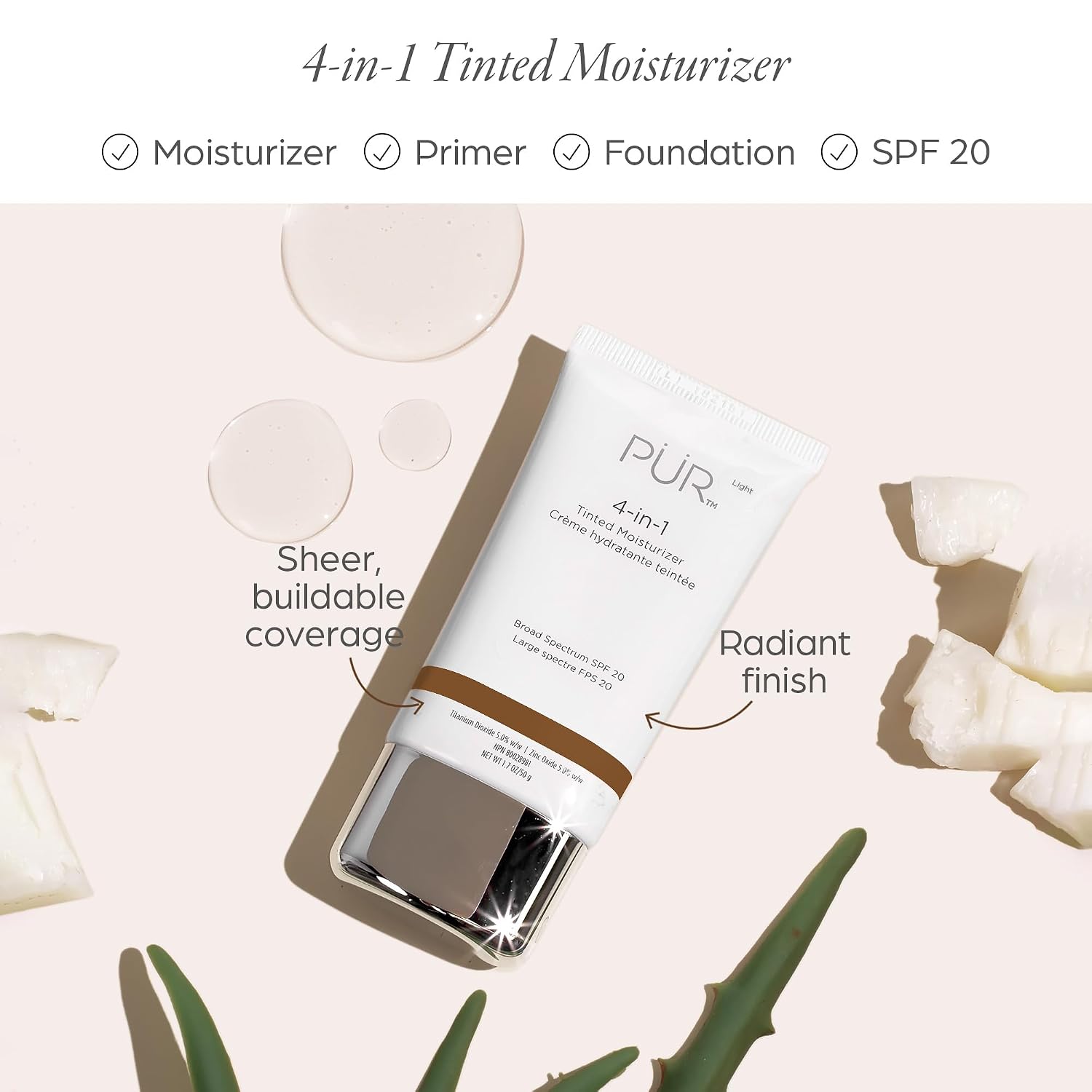 PÜR MINERALS 4-in-1 Tinted Moisturizer With SPF 20 - Hydrating Face Moisturizer, Primer, & Foundation With Shea Butter