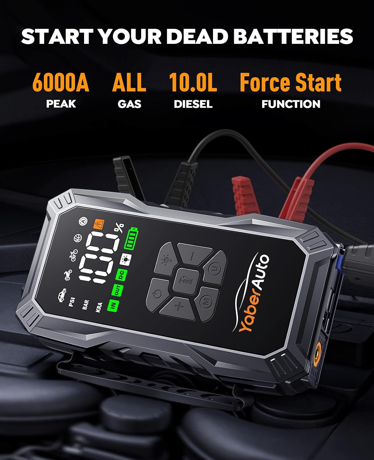 YaberAuto 12-in-1 Jump Starter with Air Compressor 8000A 160PSI 65W Charging, Portable Car Battery Jump Starter (All Gas/14L Diesel) Jump Box Car Battery Jumper Starter Portable Jumper Cables, 160W DC