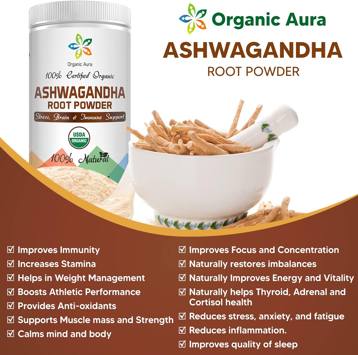 Certified Organic Ashwagandha Root Powder 16Oz -1Lb. Natural Stress, Brain and Immune Support. Enhances Overall Health. Raw Superfood. 100% Natural Herbal