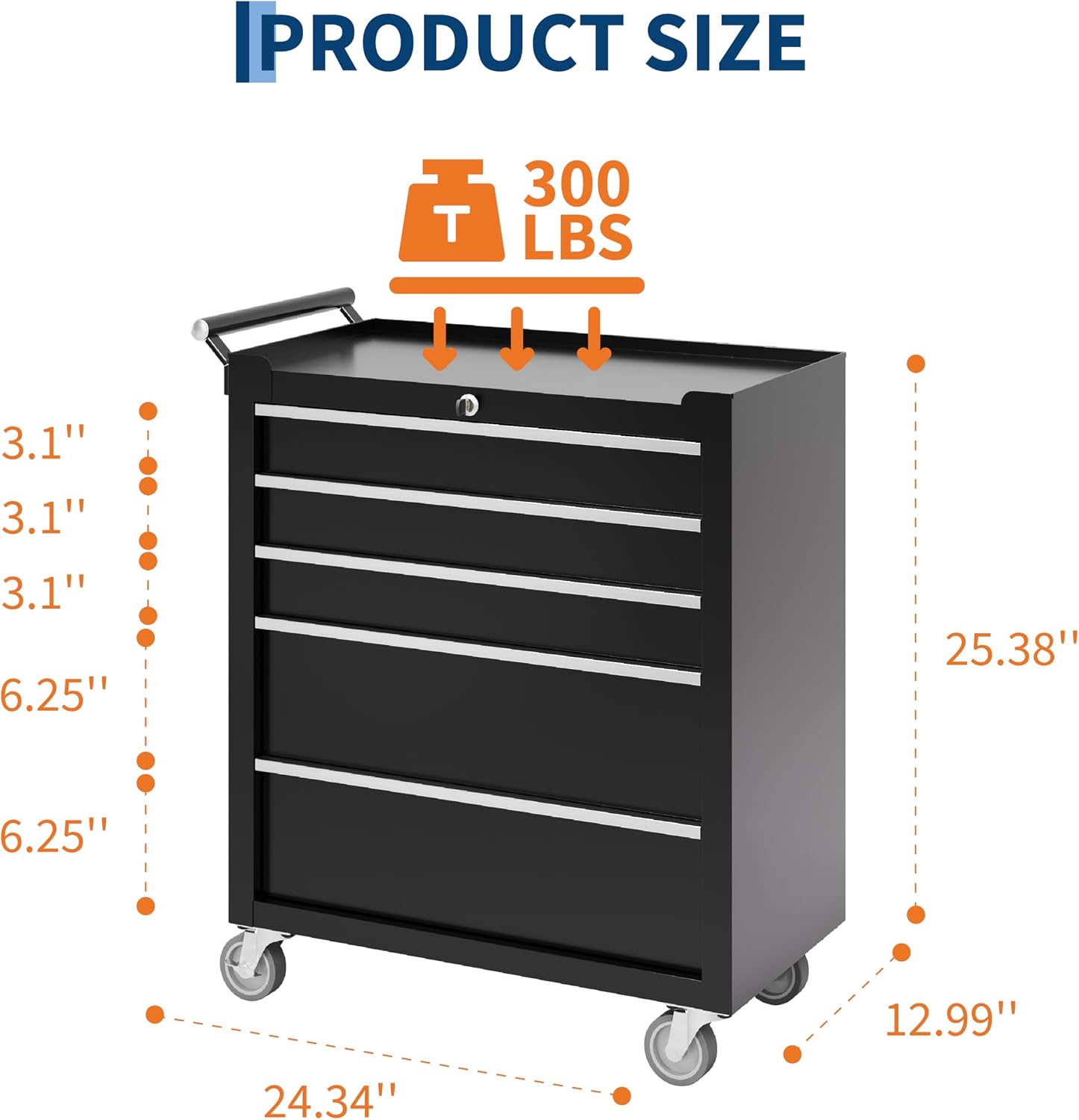 Rolling Tool Chest with Wheels, 5 Drawer Tool Storage Cabinet, Portable Toolbox Organizer with Lock, Heavy Duty Tool Chest Cart for Garage, Mechanic, Workshop, Shop, Mobile Tool Organizer, Black