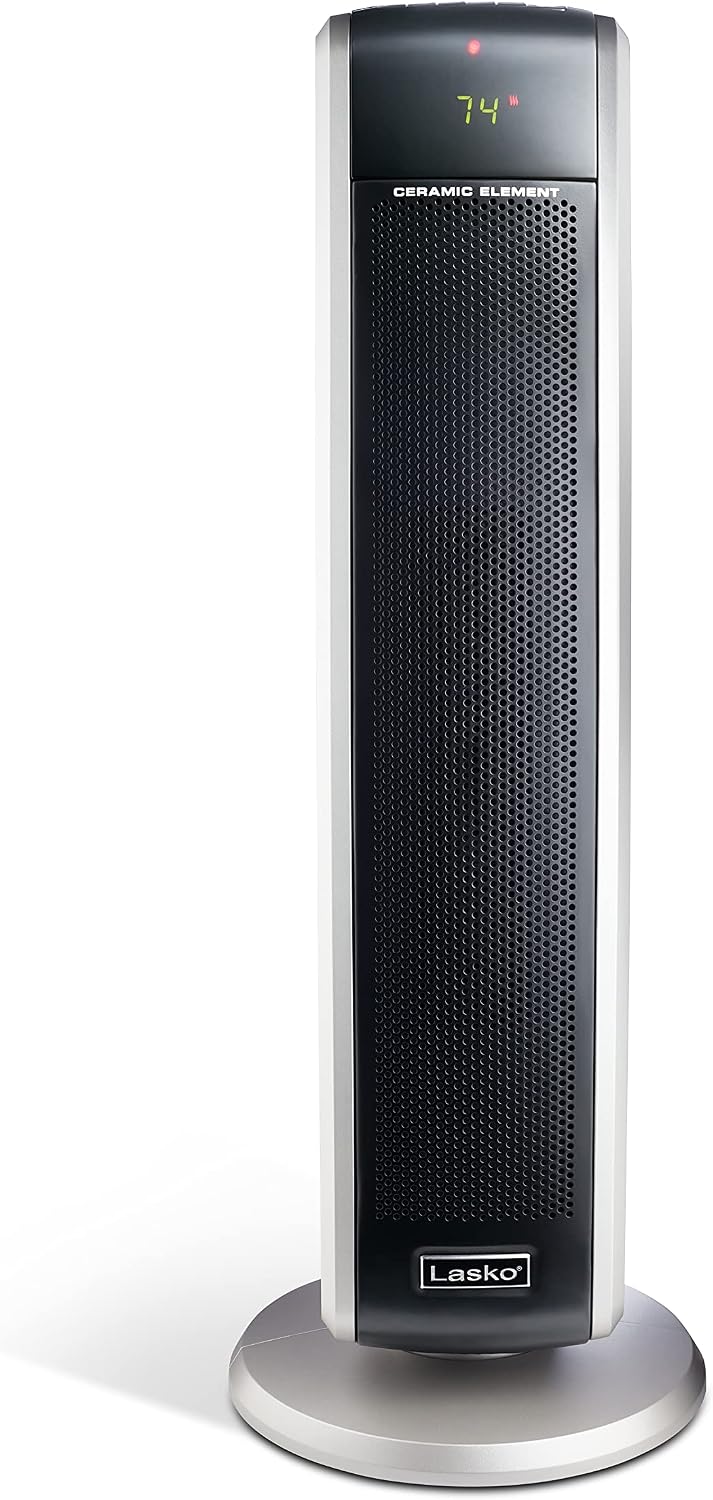 Lasko Oscillating Digital Ceramic Tower Space Heater - 29” - 5586 - Black | Built-In Handle, For Large Rooms, Cool Touch Housing, Overheat Protection Adjustable Thermostat, Timer, Remote, 1500W