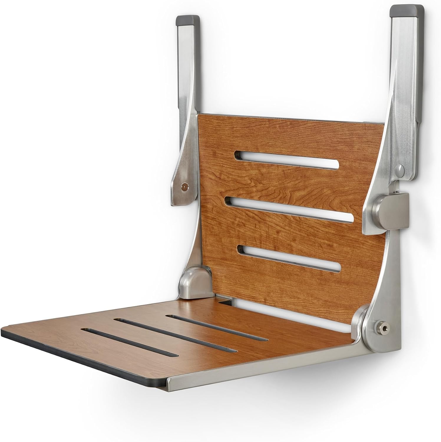 Seachrome Silhouette Comfort Folding Wall Mount Shower Bench Seat with Arms, Teak Seat with Silver Frame