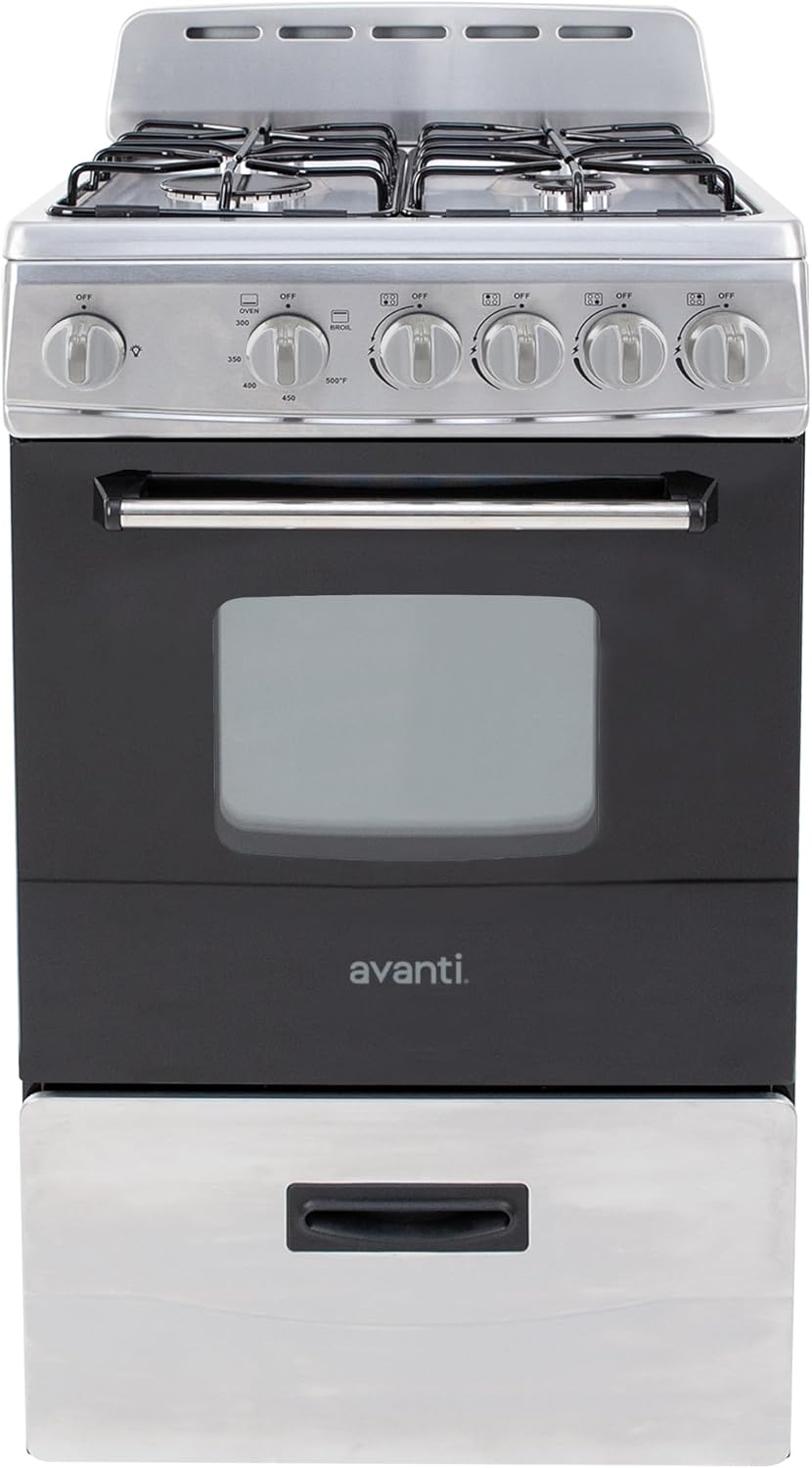 Avanti Compact Gas Range Oven, 4 Sealed Burners, 20-Inch, Stainless Steel | Avanti Compact Gas Range Oven, Freestanding with 4 Sealed Burners, Broiler with Pan, Storage Drawer, 20-Inch, Stainless Steel