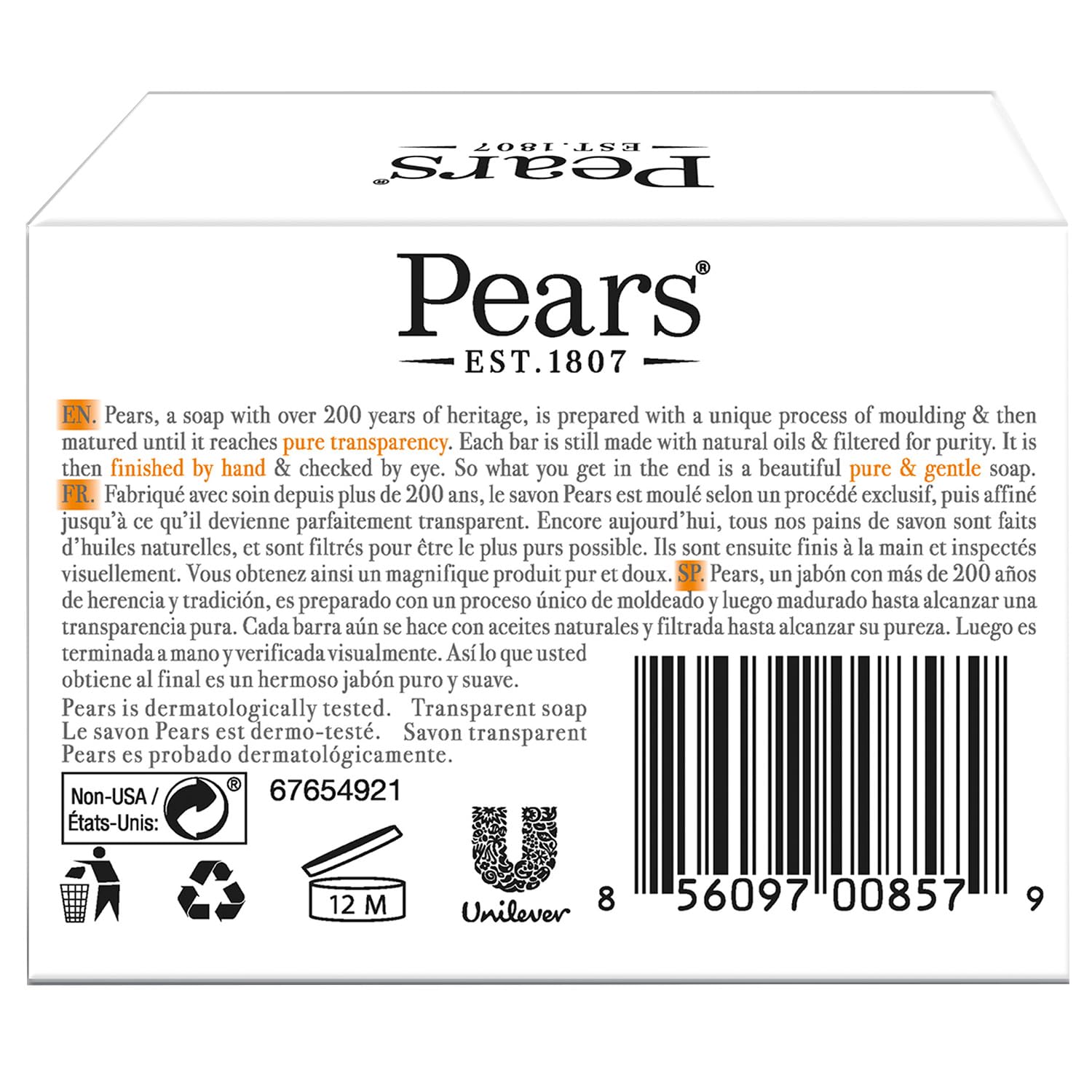 Pears Soap, Pure & Gentle with Natural Oils, 6-Pack – Transparent Amber Glycerin Soap for Pampered, Glowing Skin, 4.4 Oz Ea