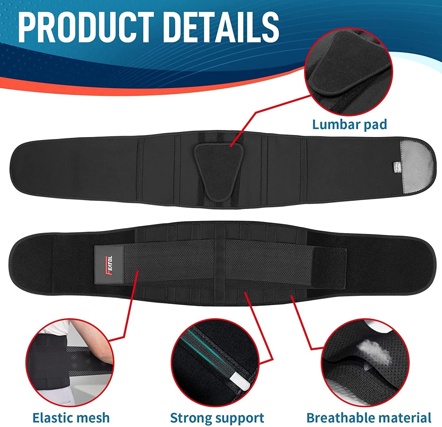 FEATOL Back Brace Support Belt-Lumbar Support Back Brace for Back Pain, Sciatica, Scoliosis