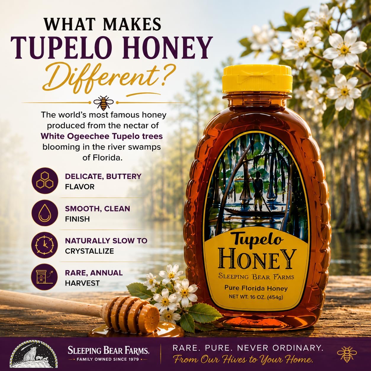 Sleeping Bear Farms Raw Tupelo Honey 2 lb Jar FSU Certified Pure