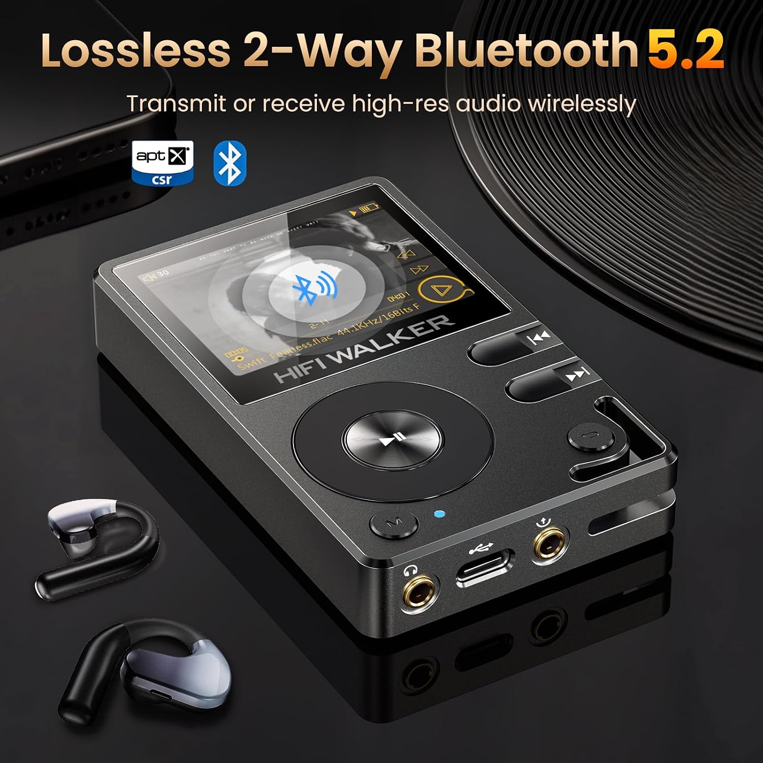HIFI WALKER H2 Hi-Res Bluetooth MP3 Player with 64GB MicroSD Card, Portable Lossless Digital Audio Player with ESS DAC, DSD FLAC Support, USB DAC