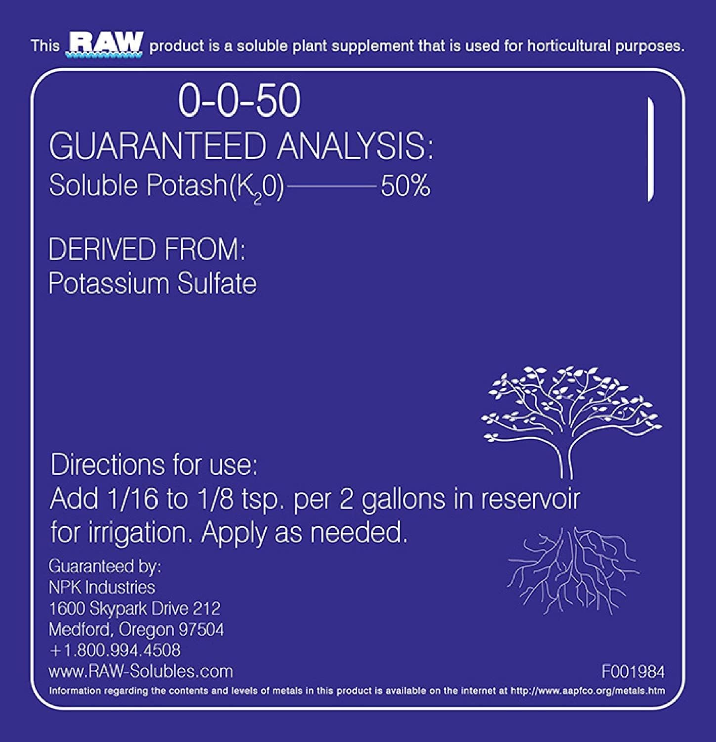 RAW Potassium Fertilizer - Water Soluble High Potassium for Plants, 8 oz | Fertilizer for Garden Use and Vegetable Cultivation - Bloom & Fruiting Plant, Hydroponic and Greenhouse Production