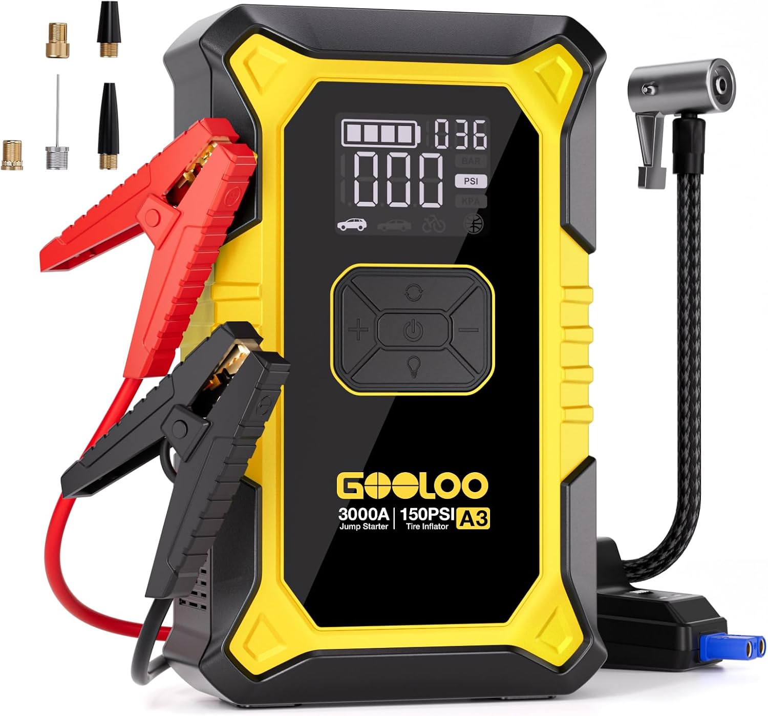 GOOLOO A3 12V 3000A Portable Jump Starter with Air Compressor | Supersafe Car Battery Booster Pack (9L Gas/6.5L Diesel) - BOOST for Dead Battery - 150 PSI Auto-Off Tire Inflator - LED Light