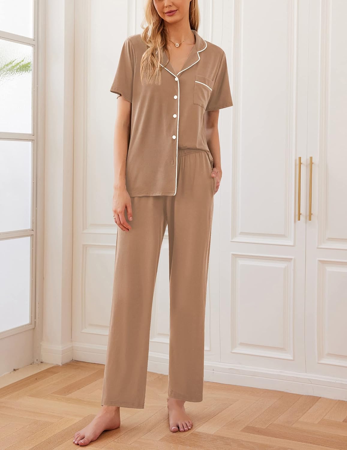 Ekouaer Womens Pajamas Set Short Sleeve Button Down Top & Pants Lounge Pjs
