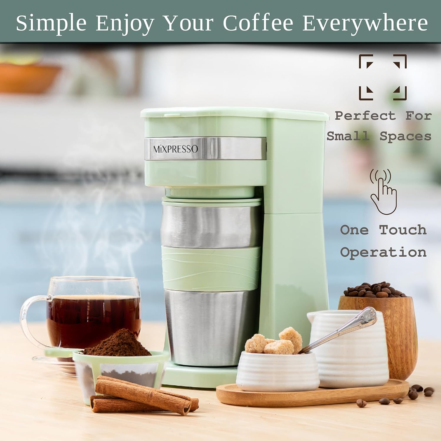 Mixpresso Single Serve & Single Cup Coffee Maker with 14oz Travel Mug Black | For ground coffee only, reusable filter, auto shut off. Compact personal drip coffee maker, not compatible with K-Cup pods.