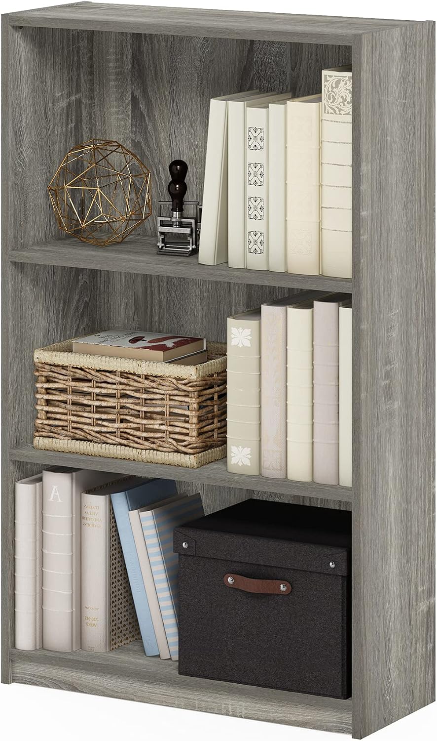 Furinno Jaya Book Shelf, 3-Tier Bookshelf, Bookcase with Adjustable Shelves, 9.5 x 24.5 x 40.3, for Organization and Storage, for Living Room, Bedroom, Home Office, White