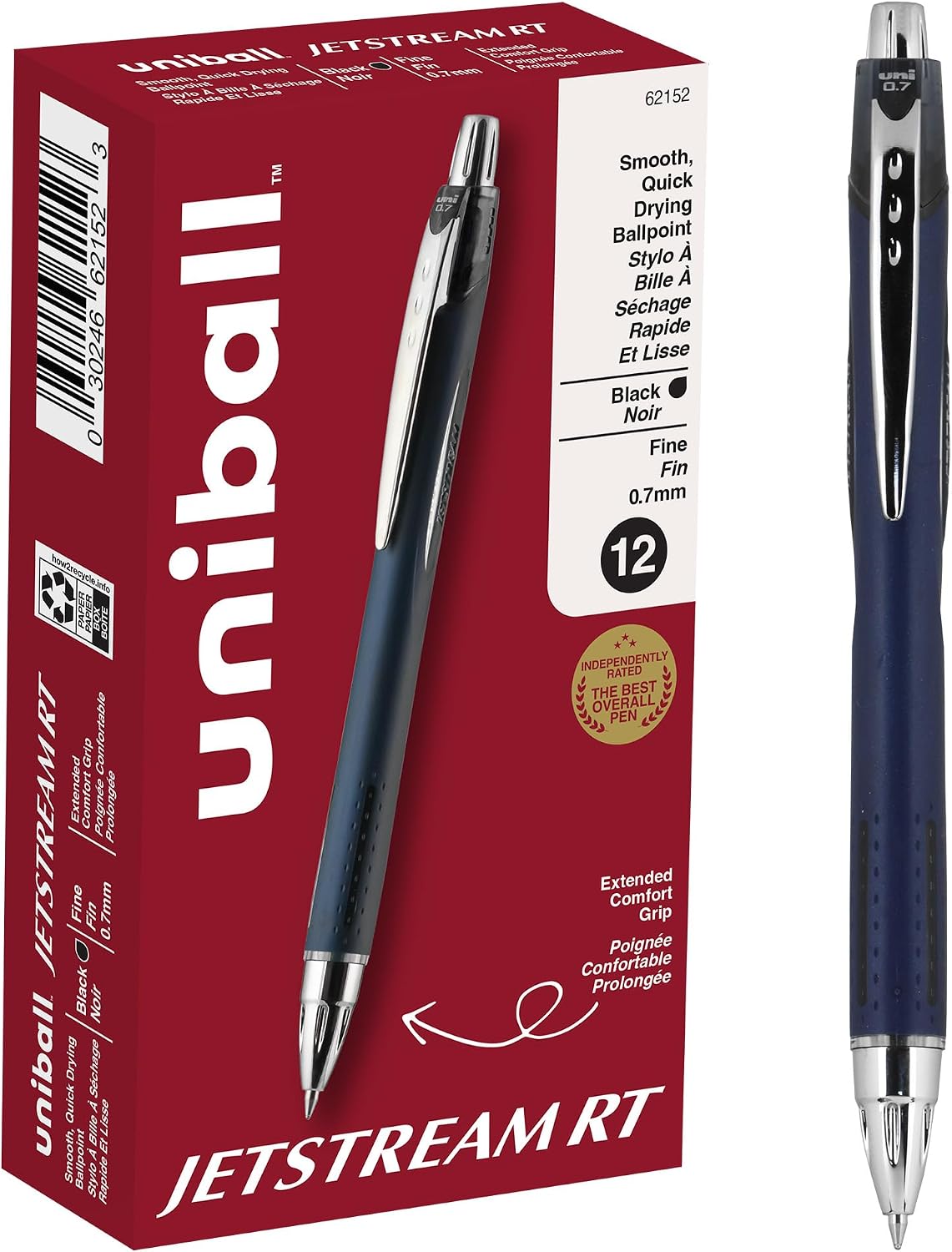 uniball™ Jetstream RT Ballpoint Pens, Black Ink, 0.7mm Fine Point, 3 Count | Retractable, Smooth Writing, Quick-Drying, Smear-Resistant, uni Super Ink™