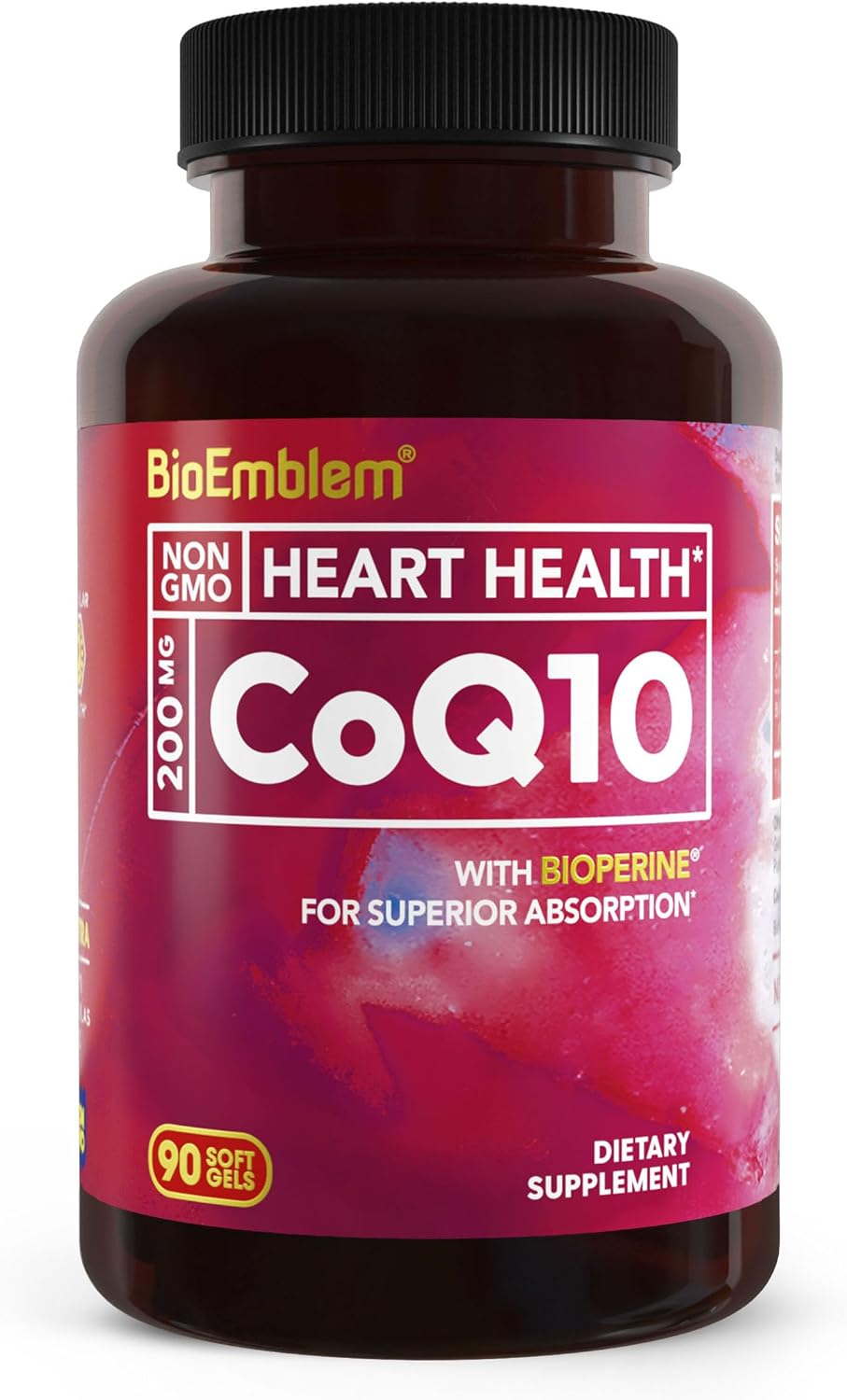 BioEmblem CoQ10 200mg with BioPerine, Coenzyme Q10, 90 Softgels