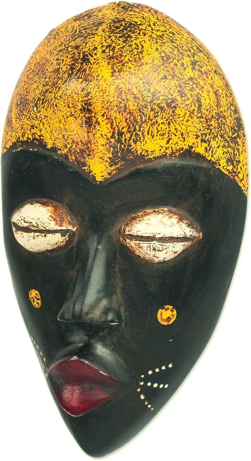 NOVICA Ghanaian Wood Mask, Black and Yellow, 'Adaoma Woman'