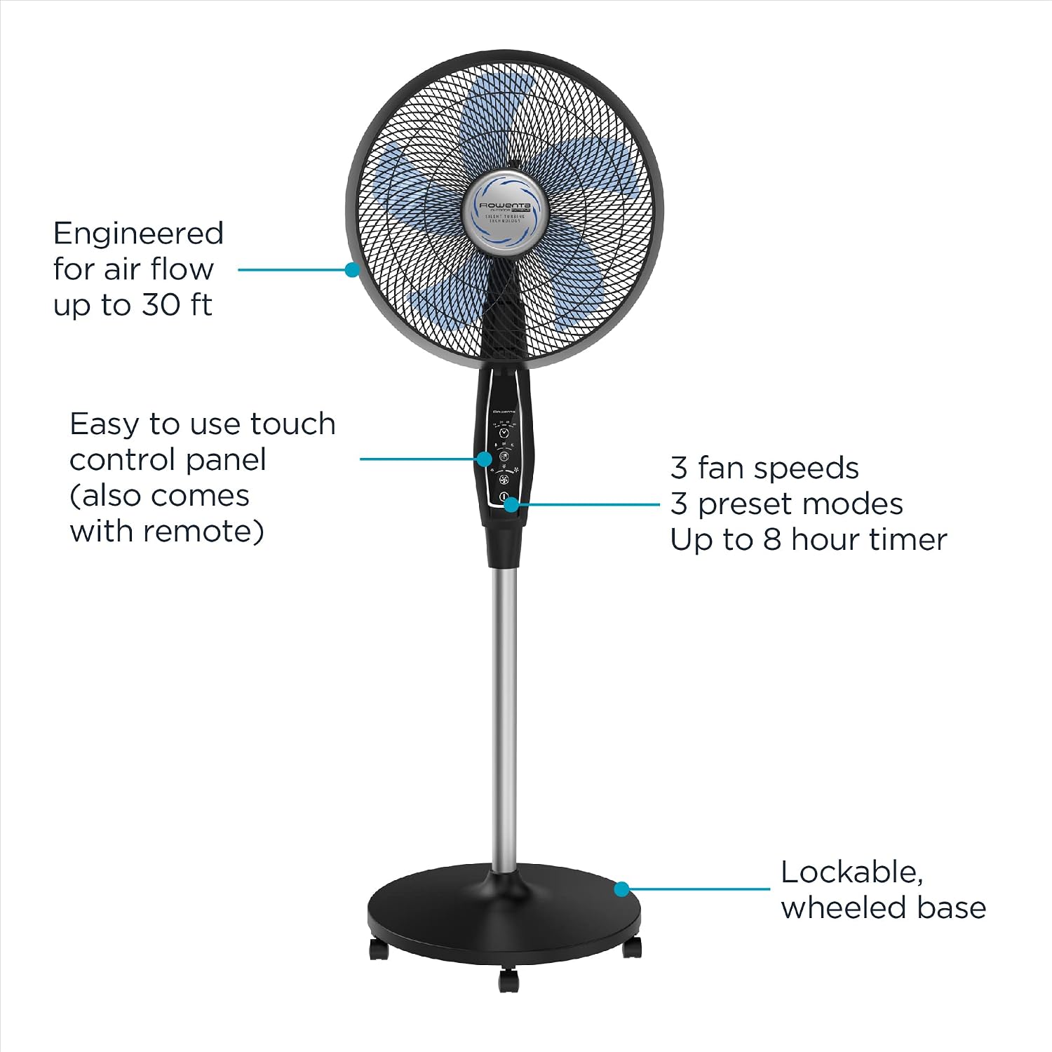 Rowenta, Desk Fan, Turbo Silence Table Fan with Remote, 18 Inches, Ultra Quiet Fan for Bedroom, Oscillating, Portable, 5 Speeds, Black, Indoor, VU2660