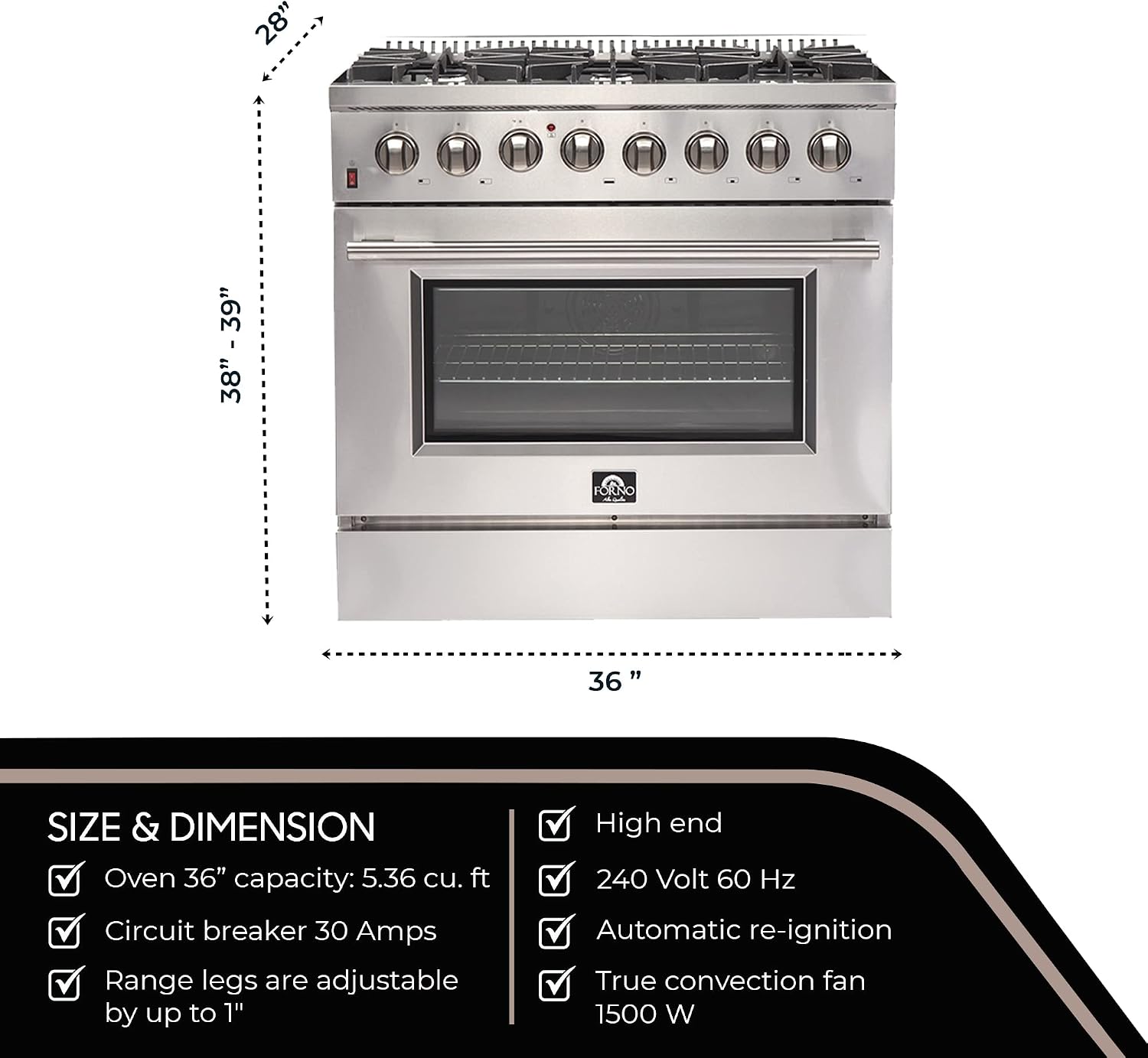 FORNO Galiano Dual Fuel 36" Inch. Freestanding Range 6 Sealed Brass Burners Cooktop - 5.36 Cu. Ft. Convection Electric Oven - Stainless Steel Stove