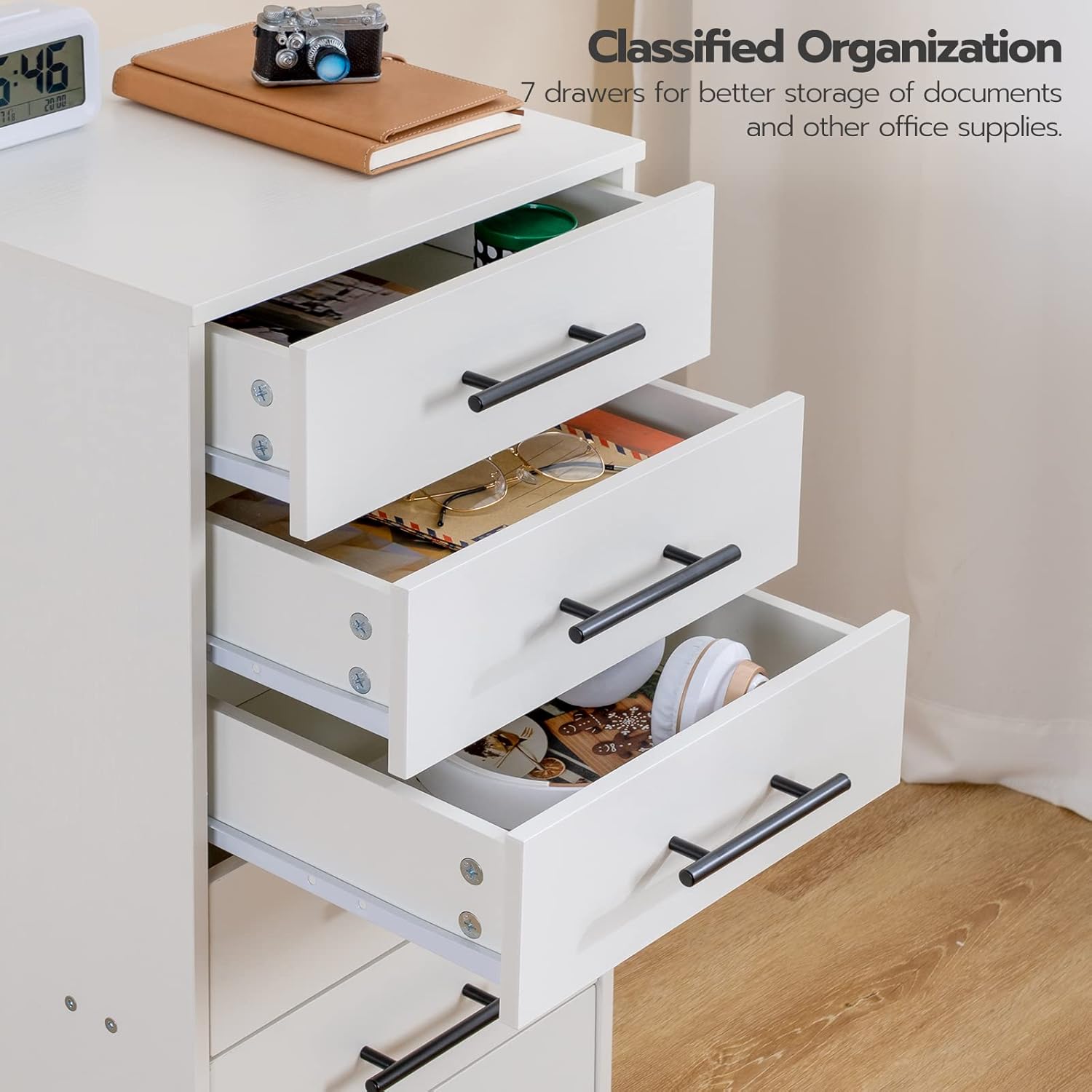 HOOBRO 7-Drawer File Cabinet, Wooden Office Cabinet with Drawers, Mobile Storage Filing Drawer for Home Office, Study, Easy Assembly, White WT07WJ01