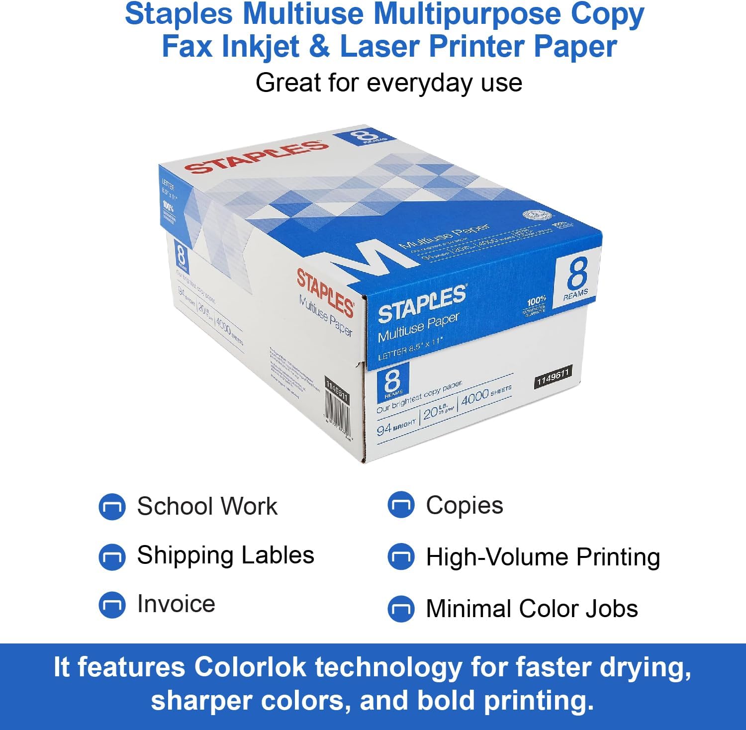 Staples Multipurpose Copy Paper, 8.5x11, 20lb, 94 Bright, 10 Reams/Carton | 5,000 white sheets total. Smooth finish reduces jams in copiers, laser & inkjet printers.